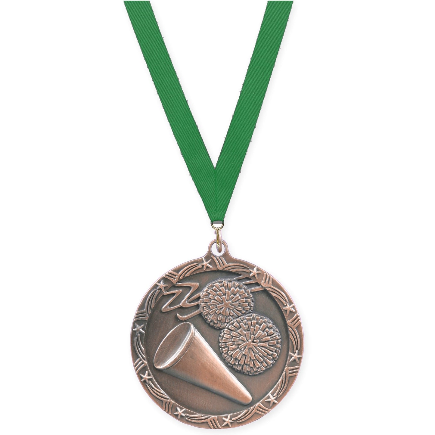 2 1/2 inch cheerleading Shooting Star medal in antique bronze with Green neck ribbon
