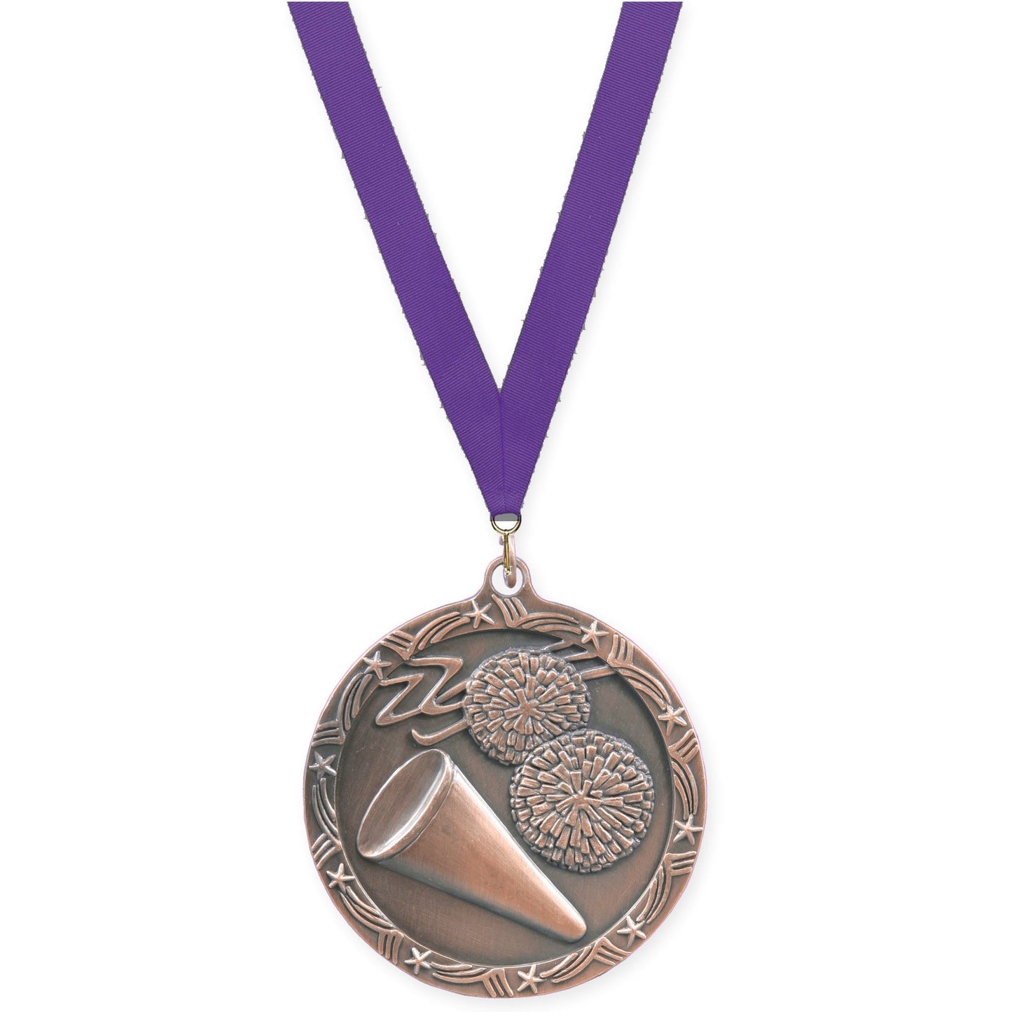 2 1/2 inch cheerleading Shooting Star medal in antique bronze with Purple neck ribbon