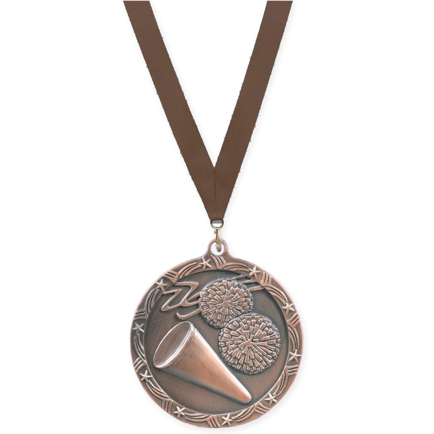 2 1/2 inch cheerleading Shooting Star medal in antique bronze with Brown neck ribbon