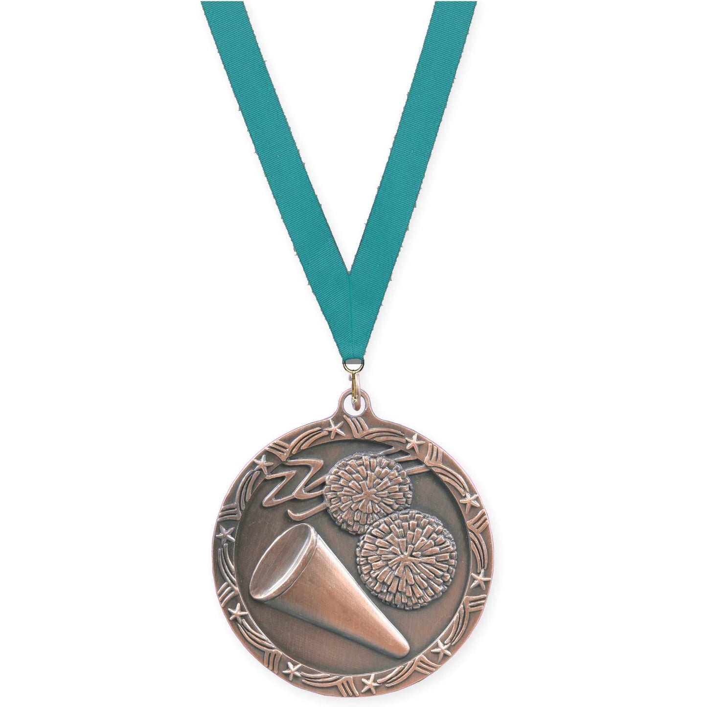2 1/2 inch cheerleading Shooting Star medal in antique bronze with Teal neck ribbon
