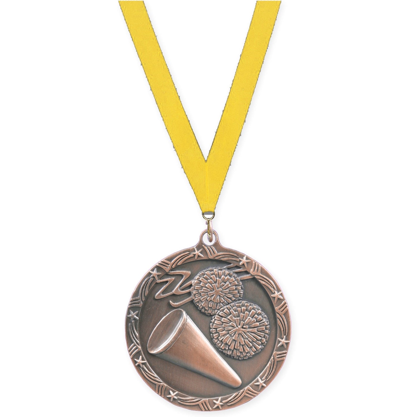 2 1/2 inch cheerleading Shooting Star medal in antique bronze with Yellow neck ribbon