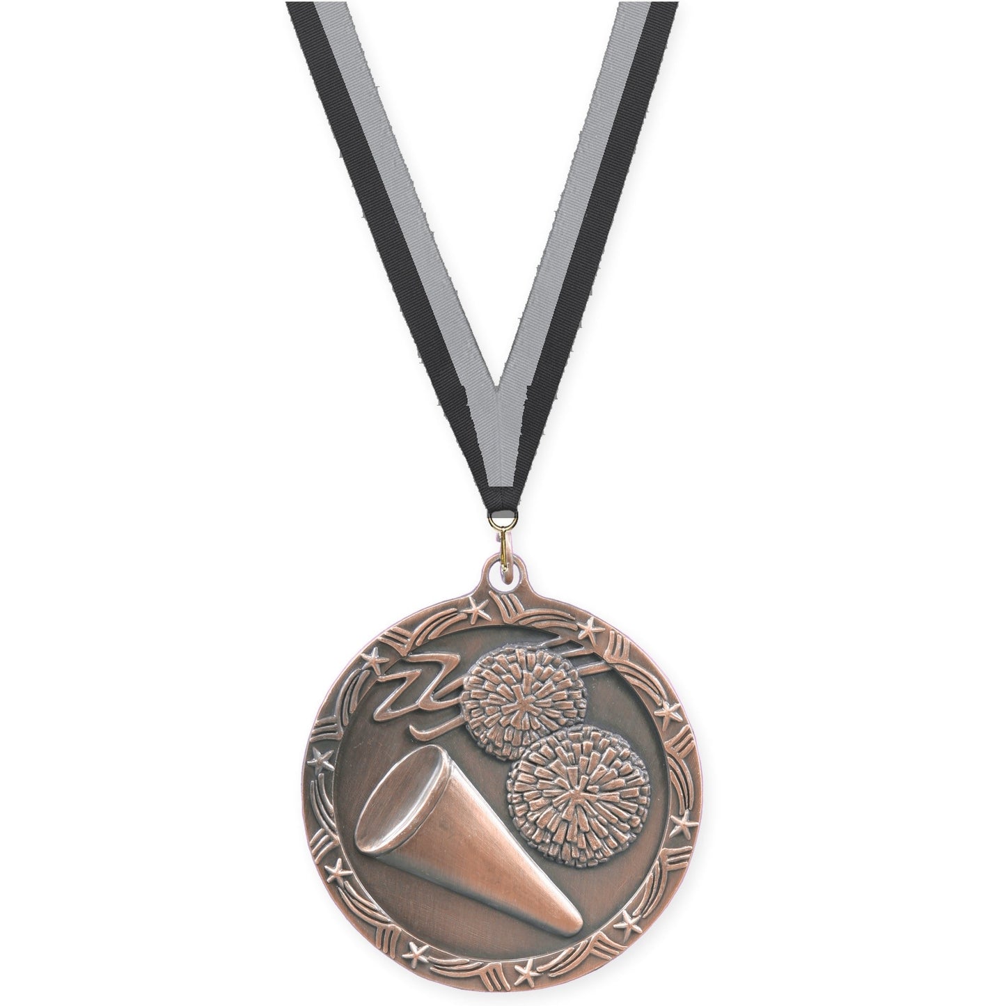 2 1/2 inch cheerleading Shooting Star medal in antique bronze with Black Gray neck ribbon