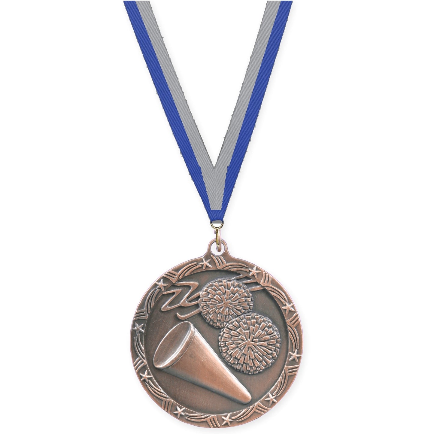 2 1/2 inch cheerleading Shooting Star medal in antique bronze with Blue Gray neck ribbon