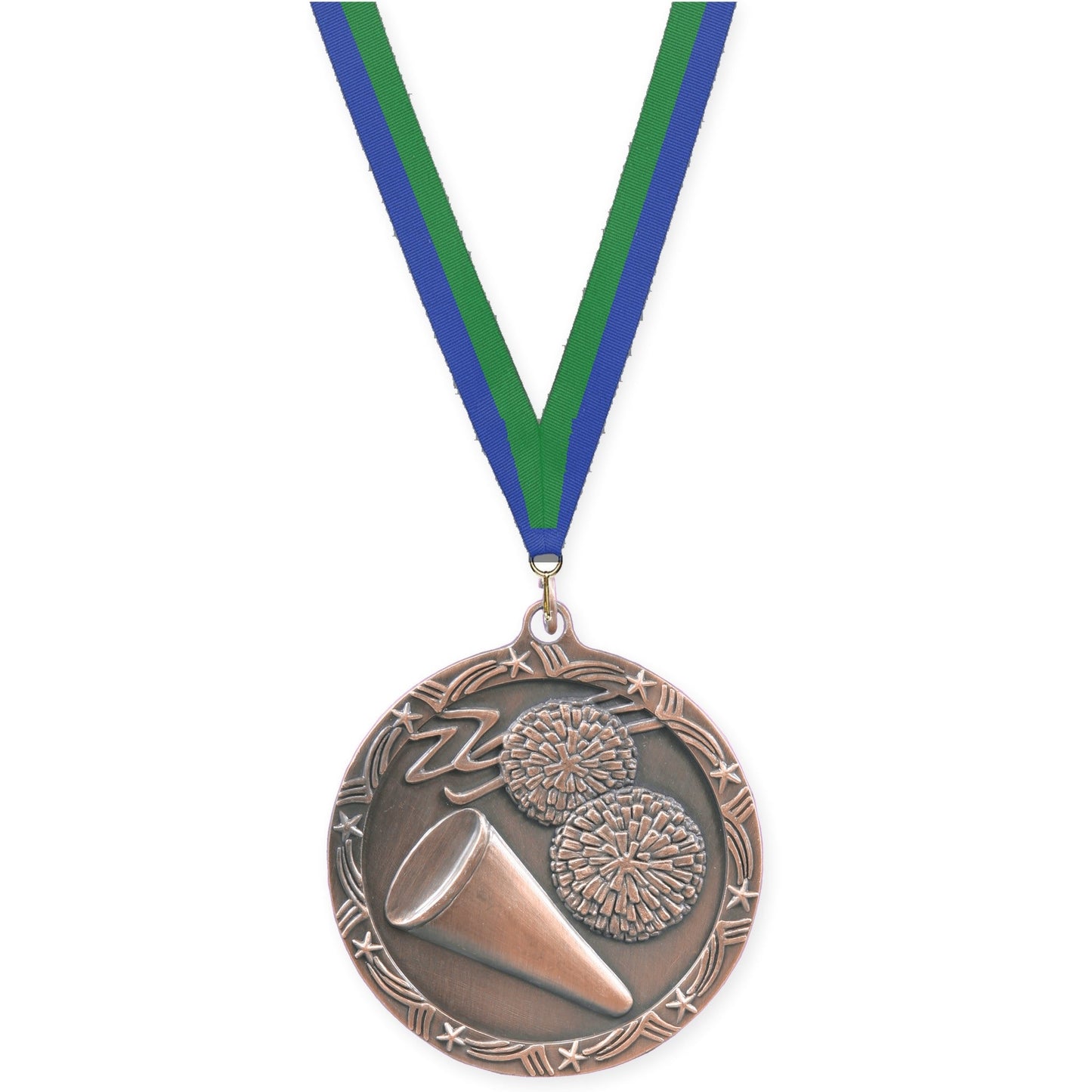 2 1/2 inch cheerleading Shooting Star medal in antique bronze with Blue Green neck ribbon