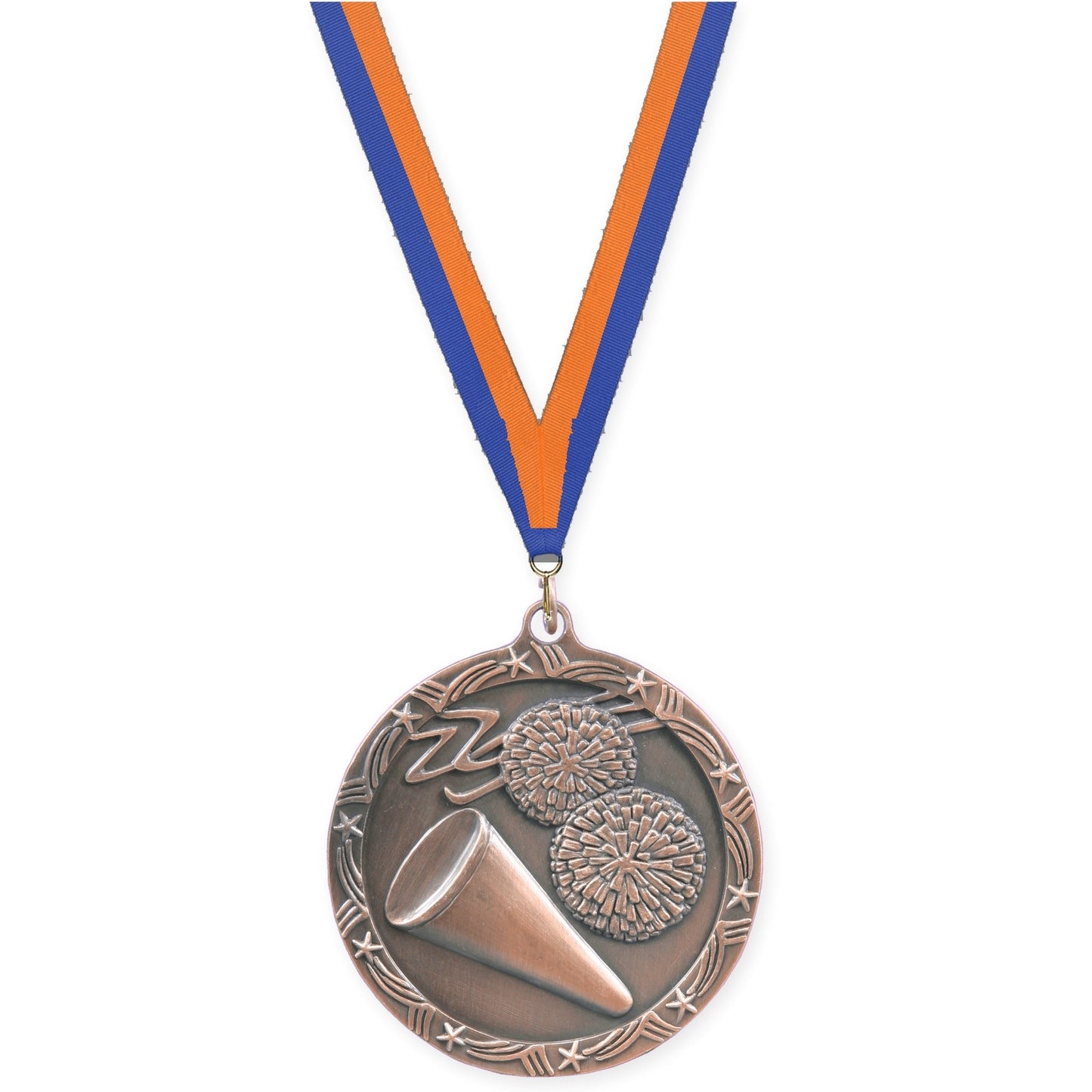 2 1/2 inch cheerleading Shooting Star medal in antique bronze with Blue Orange neck ribbon