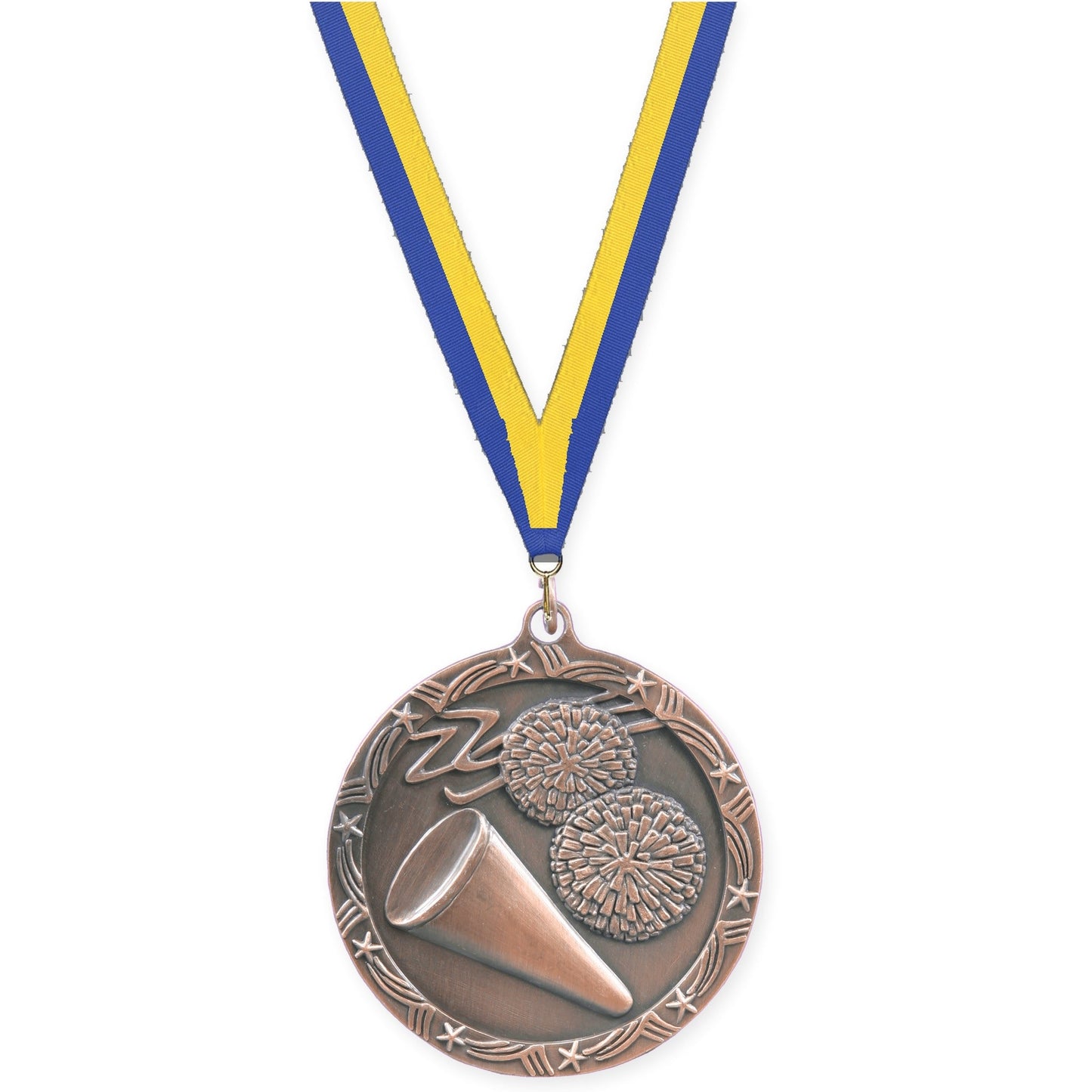 2 1/2 inch cheerleading Shooting Star medal in antique bronze with Blue Yellow neck ribbon