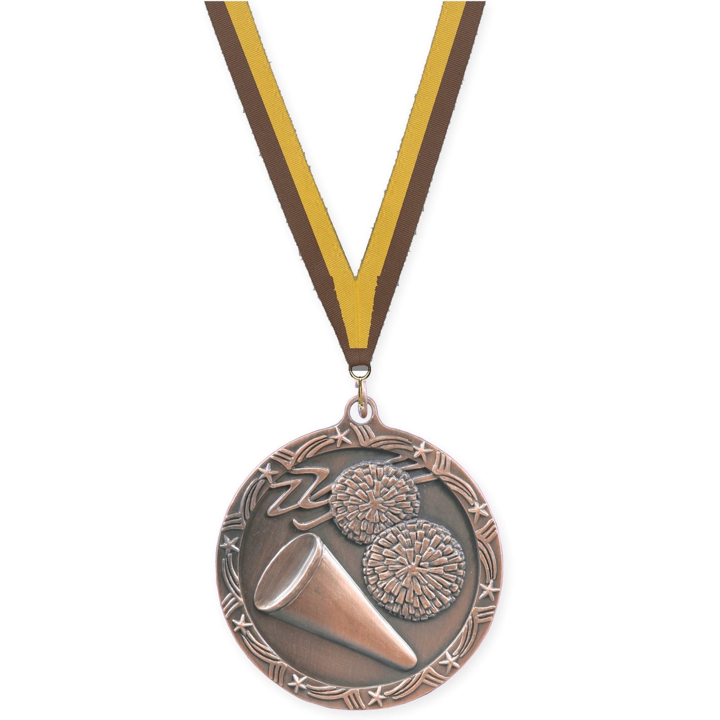 2 1/2 inch cheerleading Shooting Star medal in antique bronze with Brown Gold neck ribbon