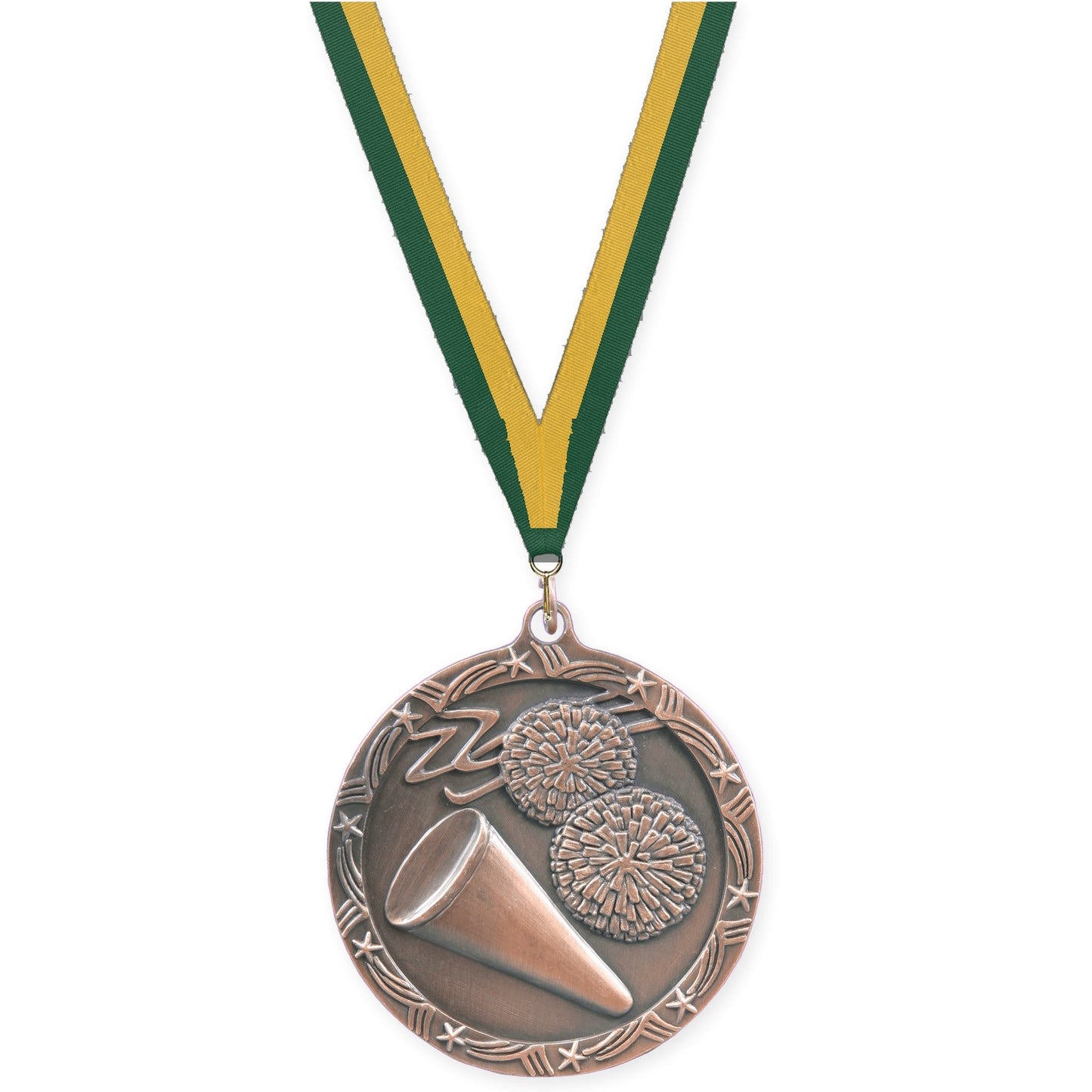 2 1/2 inch cheerleading Shooting Star medal in antique bronze with Hunter Green Gold neck ribbon