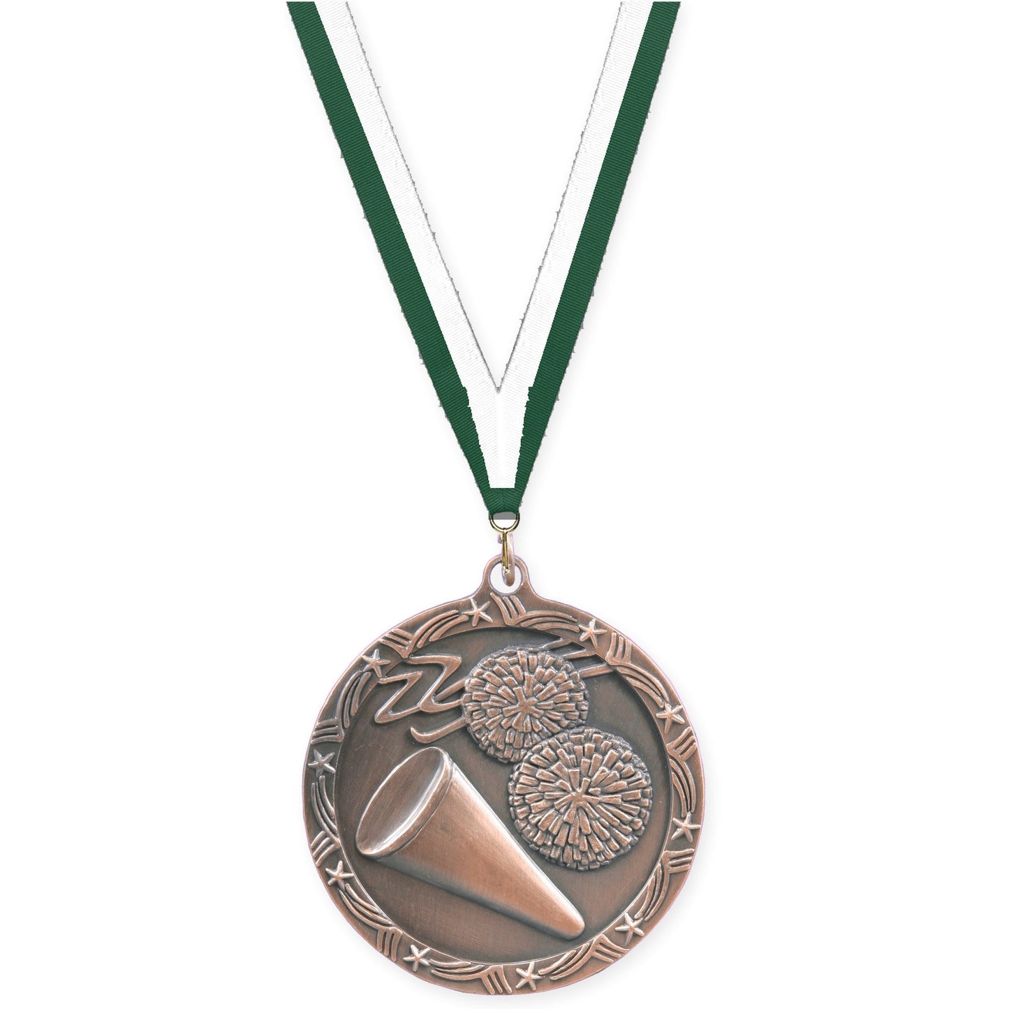 2 1/2 inch cheerleading Shooting Star medal in antique bronze with Hunter Green White neck ribbon