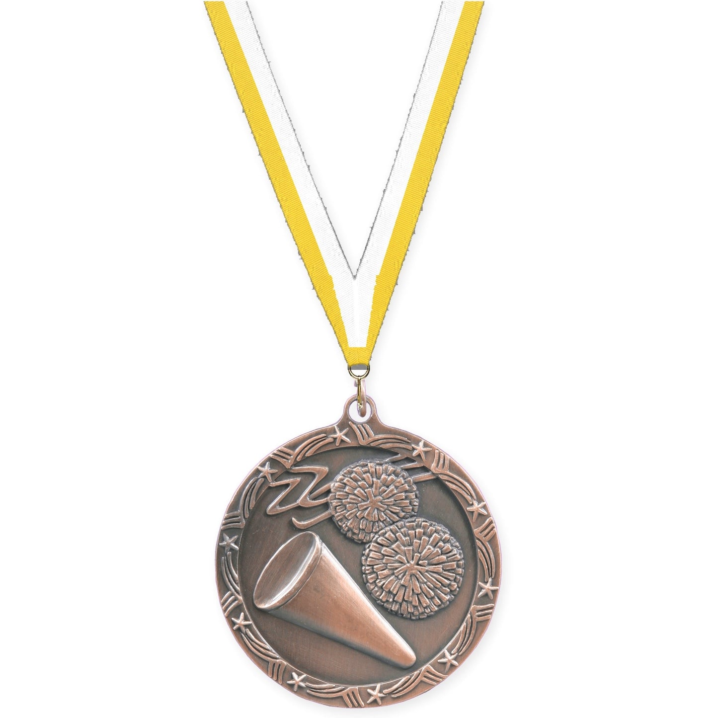 2 1/2 inch cheerleading Shooting Star medal in antique bronze with Yellow White neck ribbon