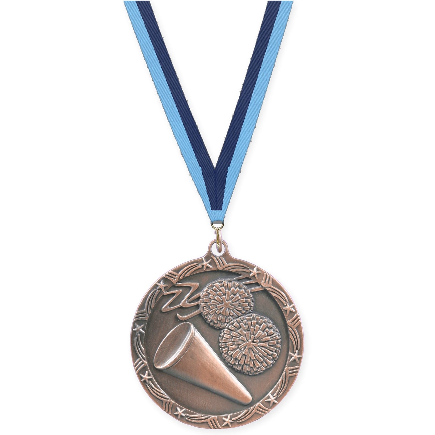 2 1/2 inch cheerleading Shooting Star medal in antique bronze with Light Blue Navy neck ribbon