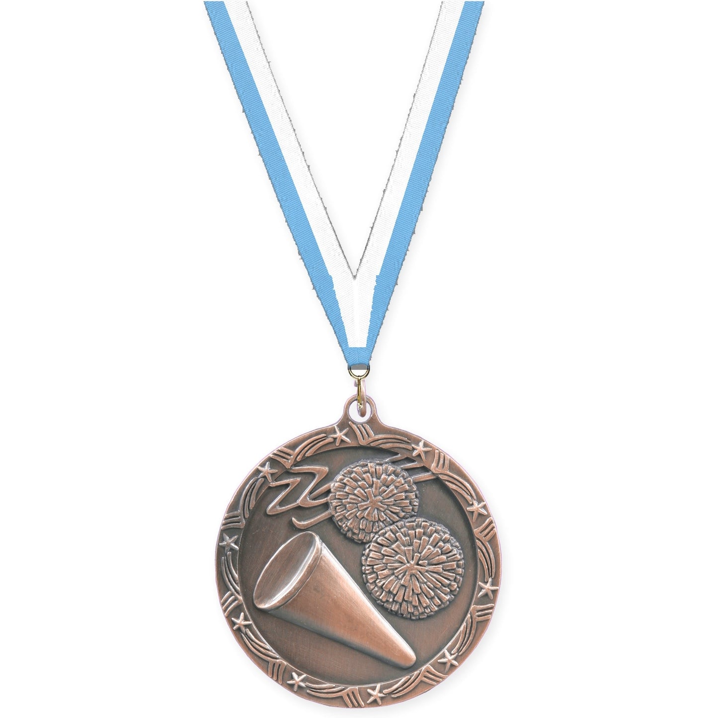 2 1/2 inch cheerleading Shooting Star medal in antique bronze with Light Blue White neck ribbon