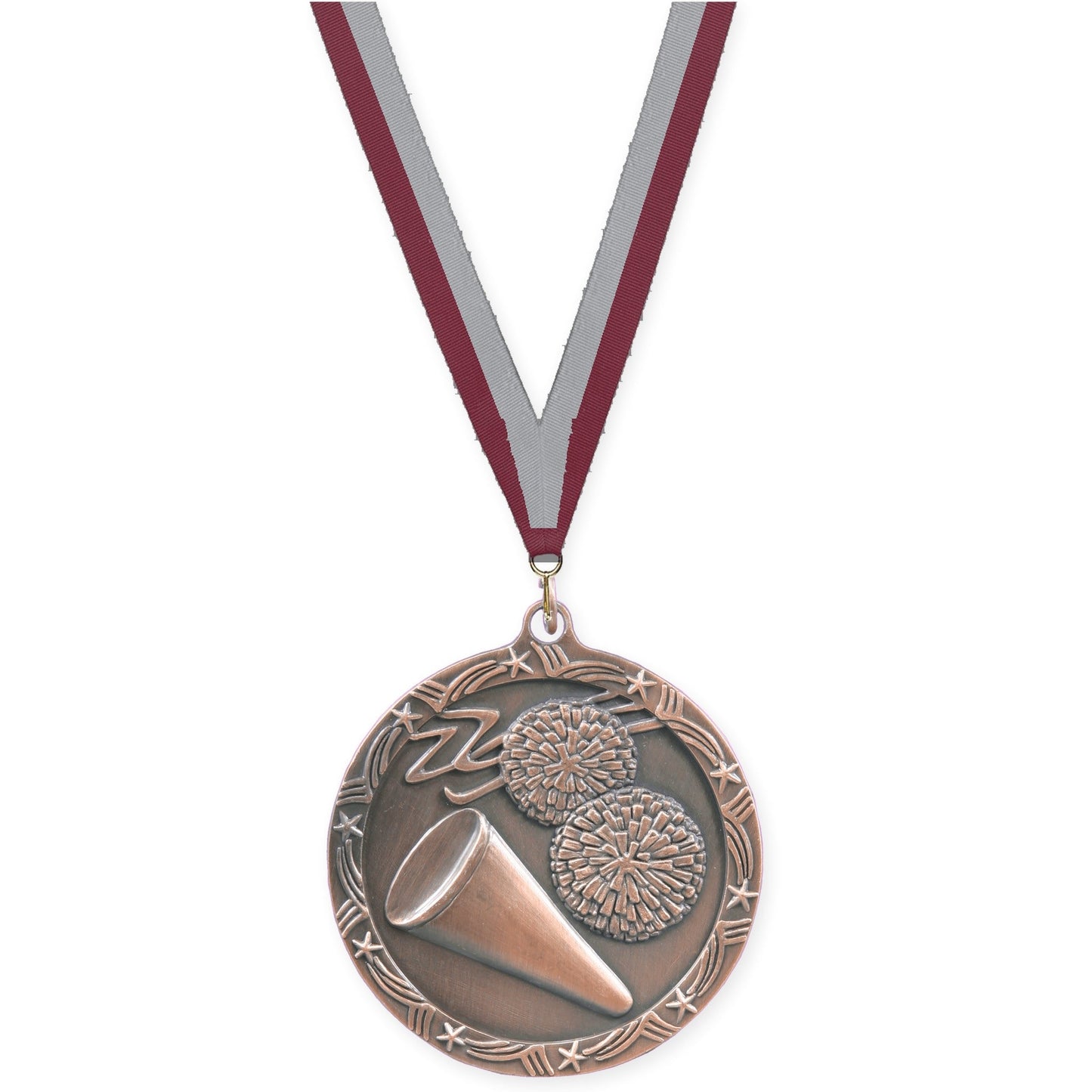 2 1/2 inch cheerleading Shooting Star medal in antique bronze with Maroon Gray neck ribbon