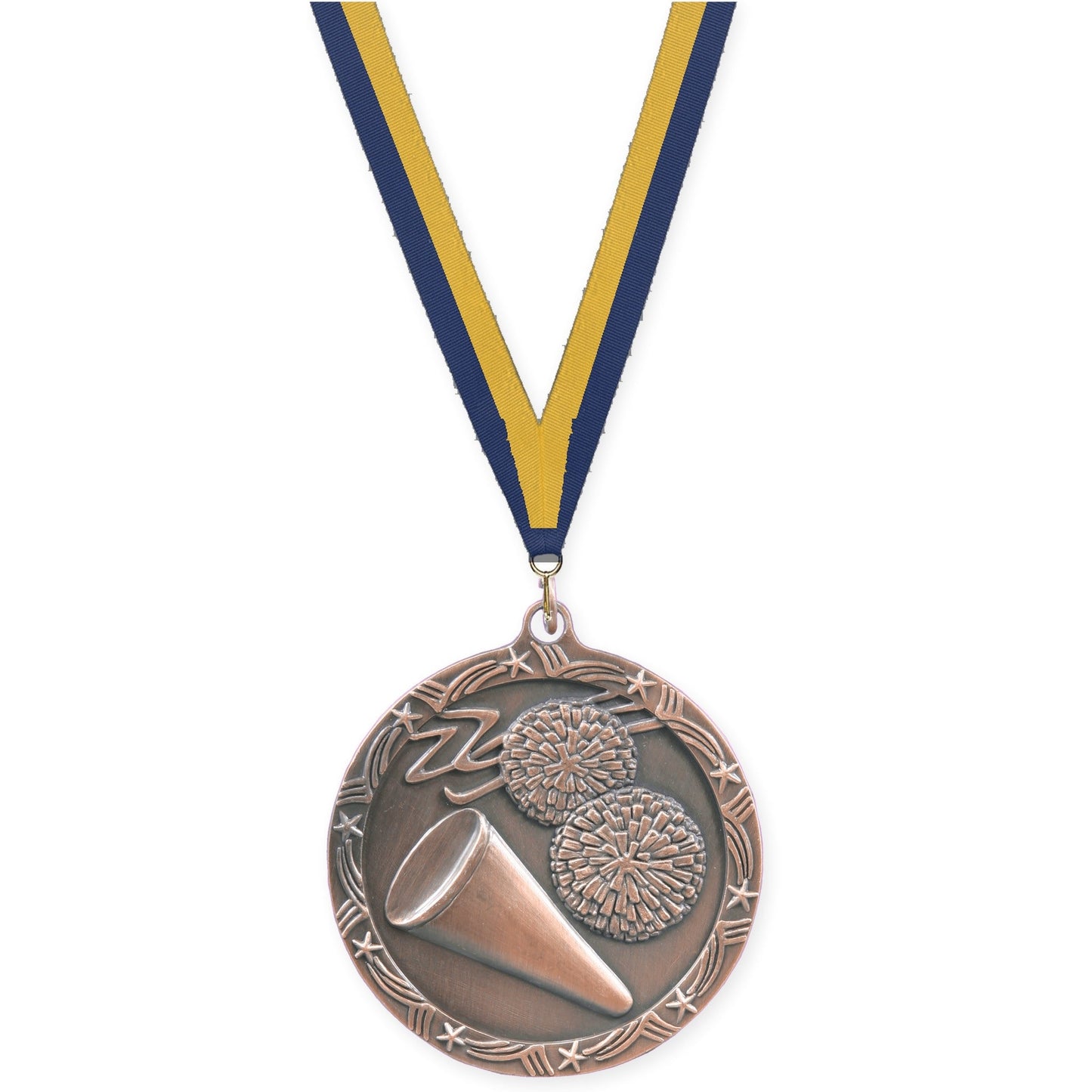 2 1/2 inch cheerleading Shooting Star medal in antique bronze with Navy Gold neck ribbon