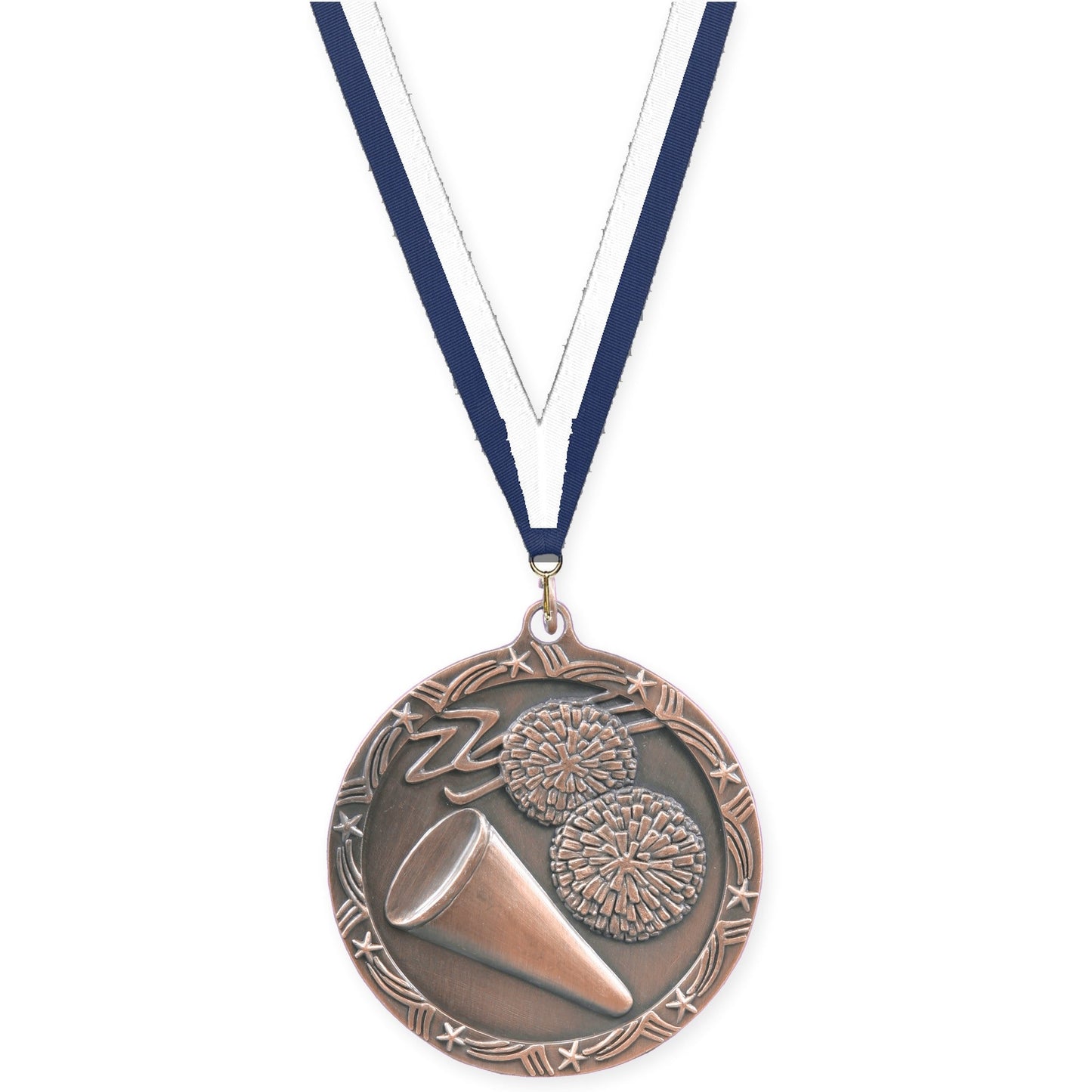 2 1/2 inch cheerleading Shooting Star medal in antique bronze with Navy White neck ribbon