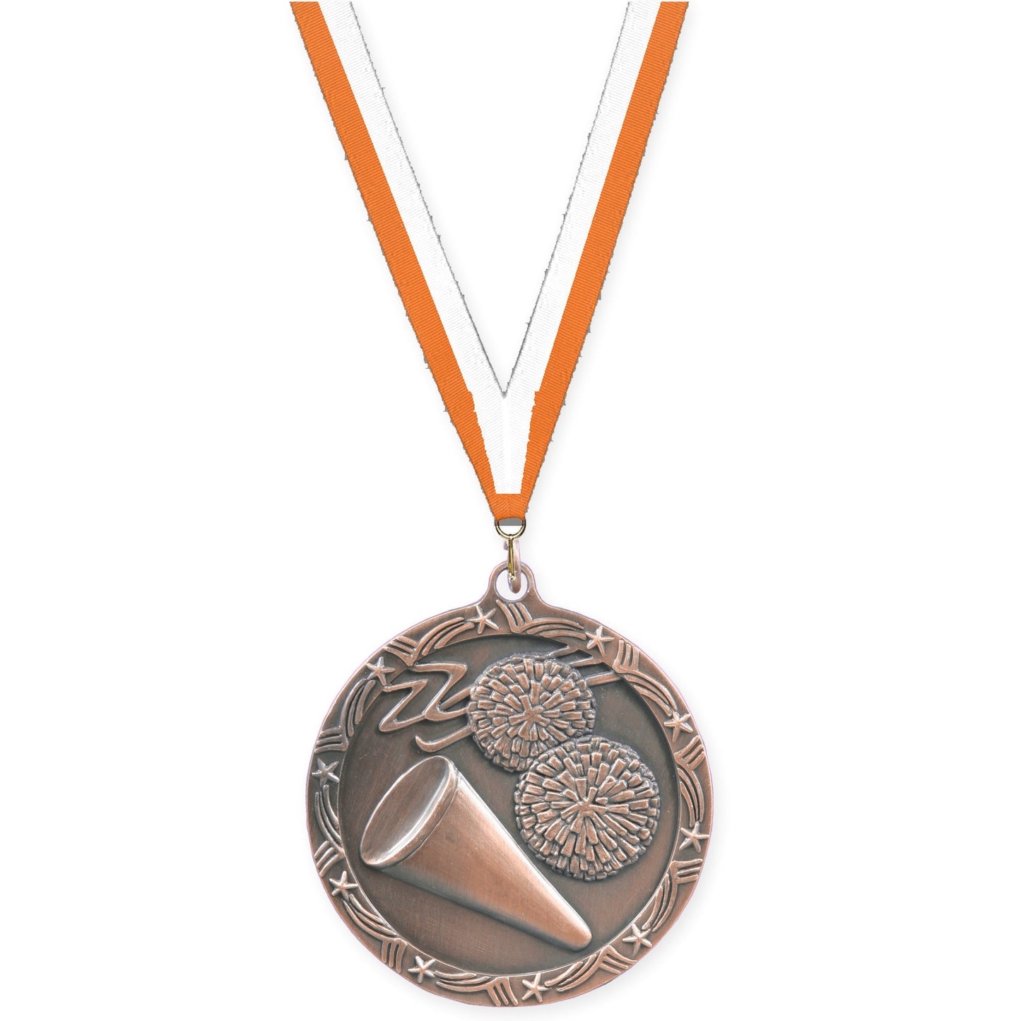 2 1/2 inch cheerleading Shooting Star medal in antique bronze with Orange White neck ribbon