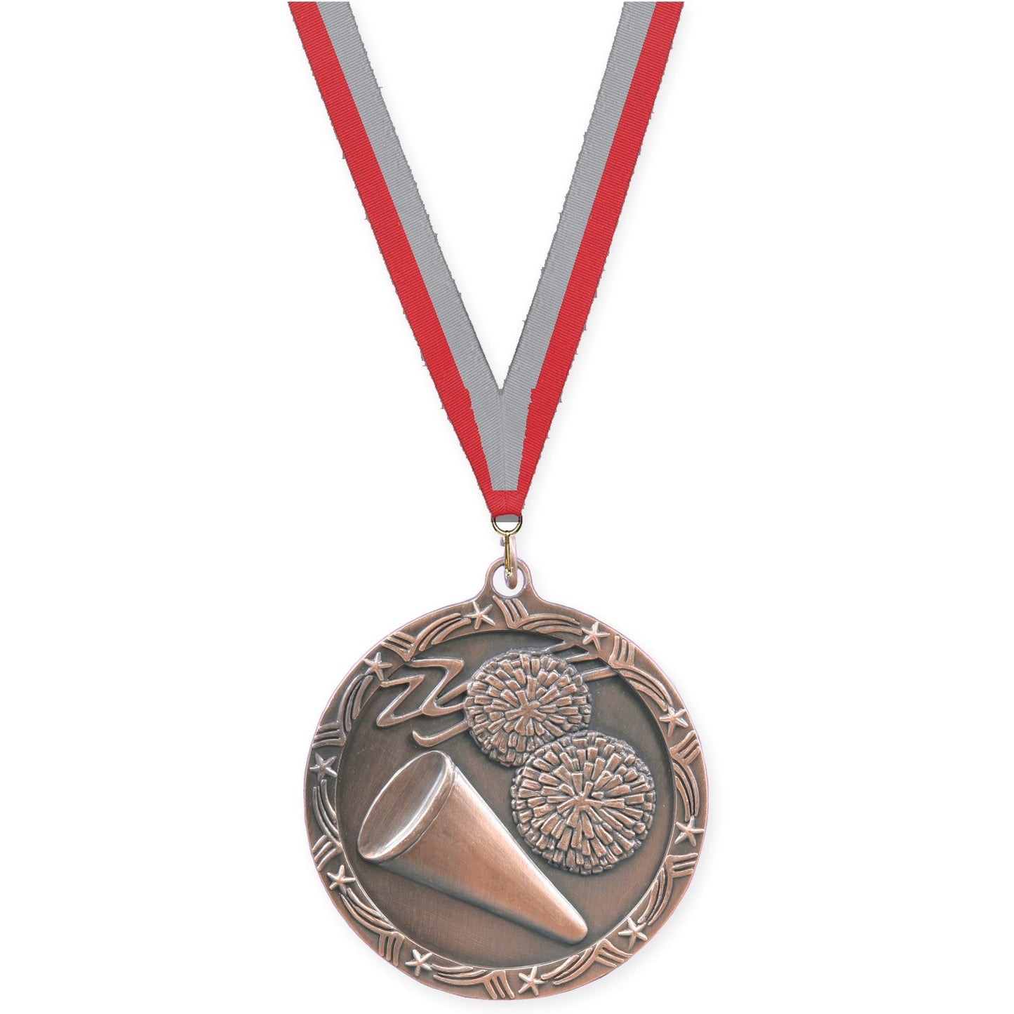 2 1/2 inch cheerleading Shooting Star medal in antique bronze with Red Gray neck ribbon
