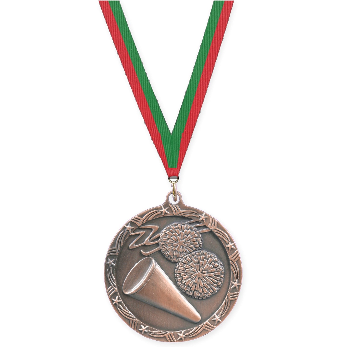 2 1/2 inch cheerleading Shooting Star medal in antique bronze with Red Green neck ribbon
