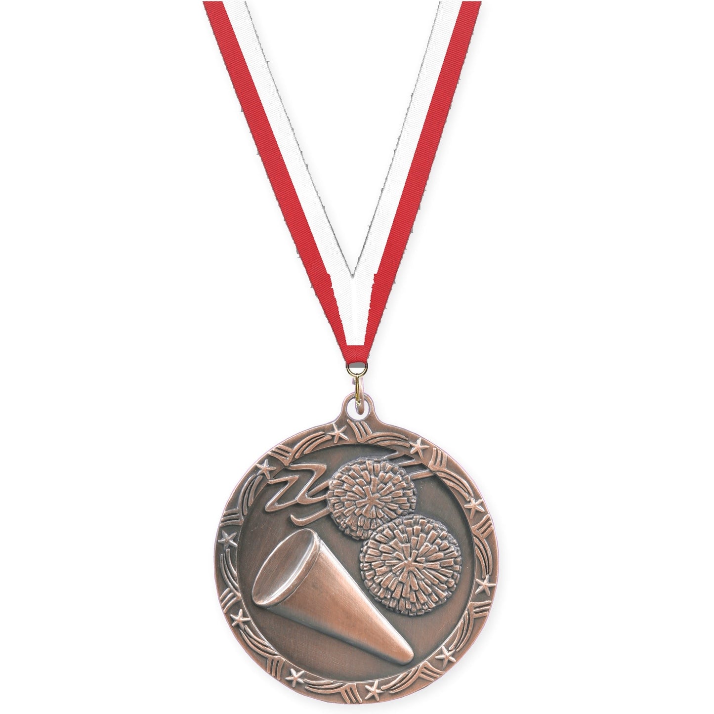 2 1/2 inch cheerleading Shooting Star medal in antique bronze with Red White neck ribbon