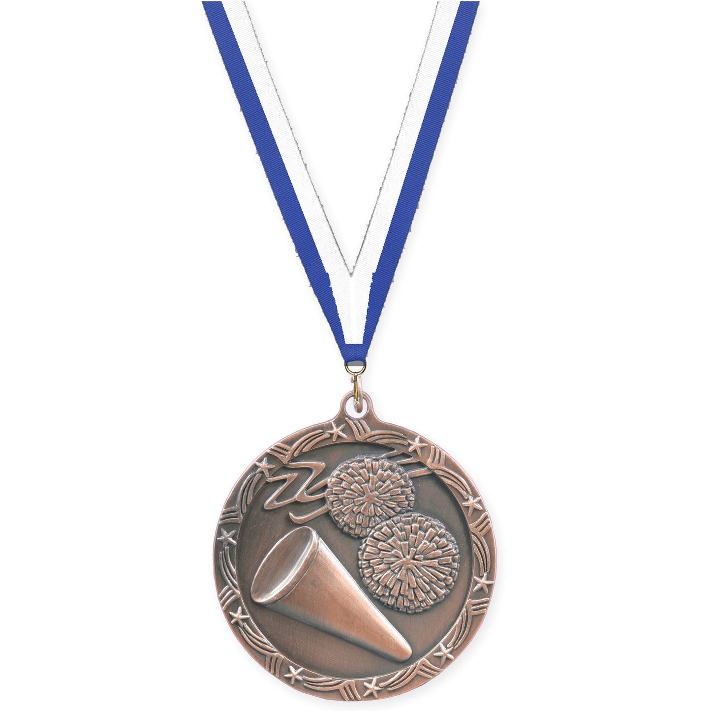 2 1/2 inch cheerleading Shooting Star medal in antique bronze with Blue White neck ribbon