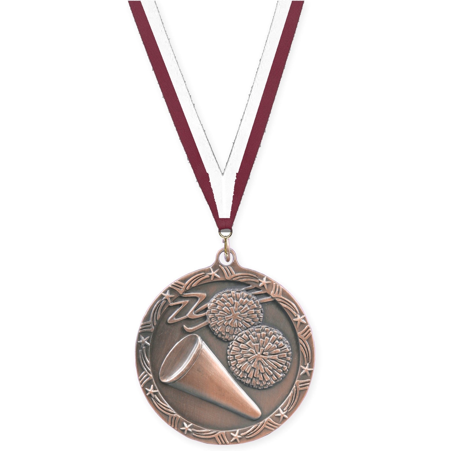 2 1/2 inch cheerleading Shooting Star medal in antique bronze with Maroon White neck ribbon