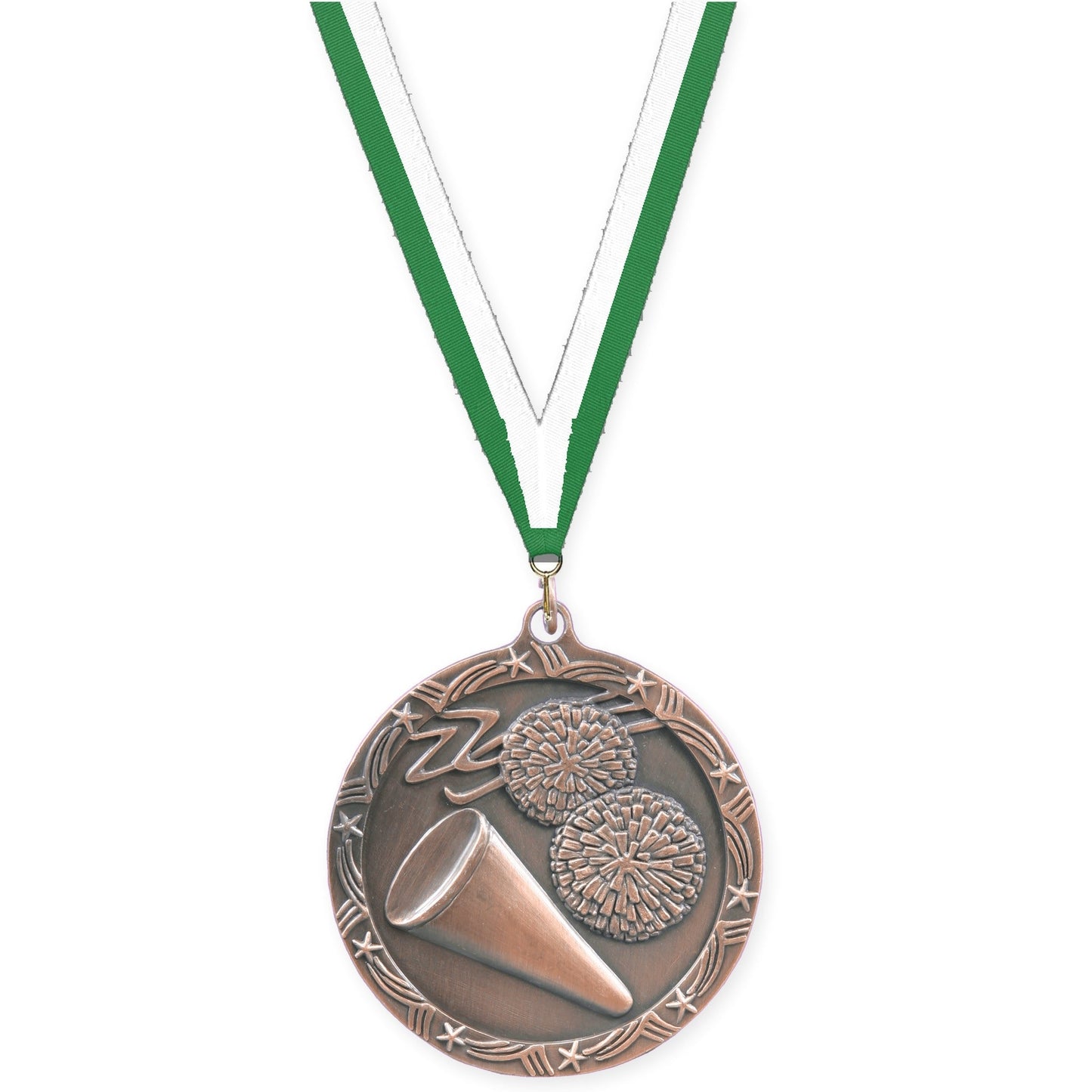 2 1/2 inch cheerleading Shooting Star medal in antique bronze with Green White neck ribbon