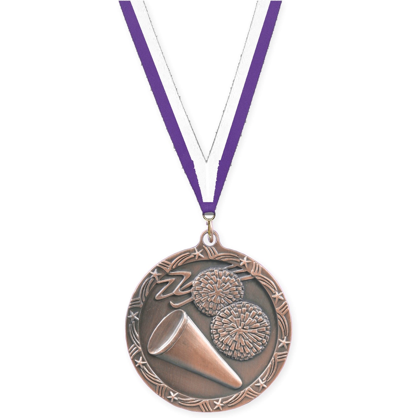 2 1/2 inch cheerleading Shooting Star medal in antique bronze with Purple White neck ribbon