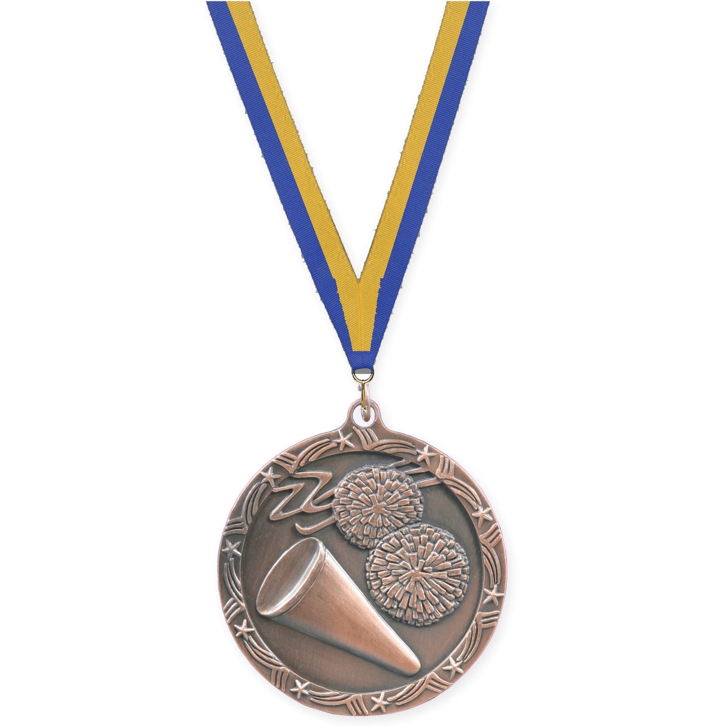 2 1/2 inch cheerleading Shooting Star medal in antique bronze with Blue Gold neck ribbon