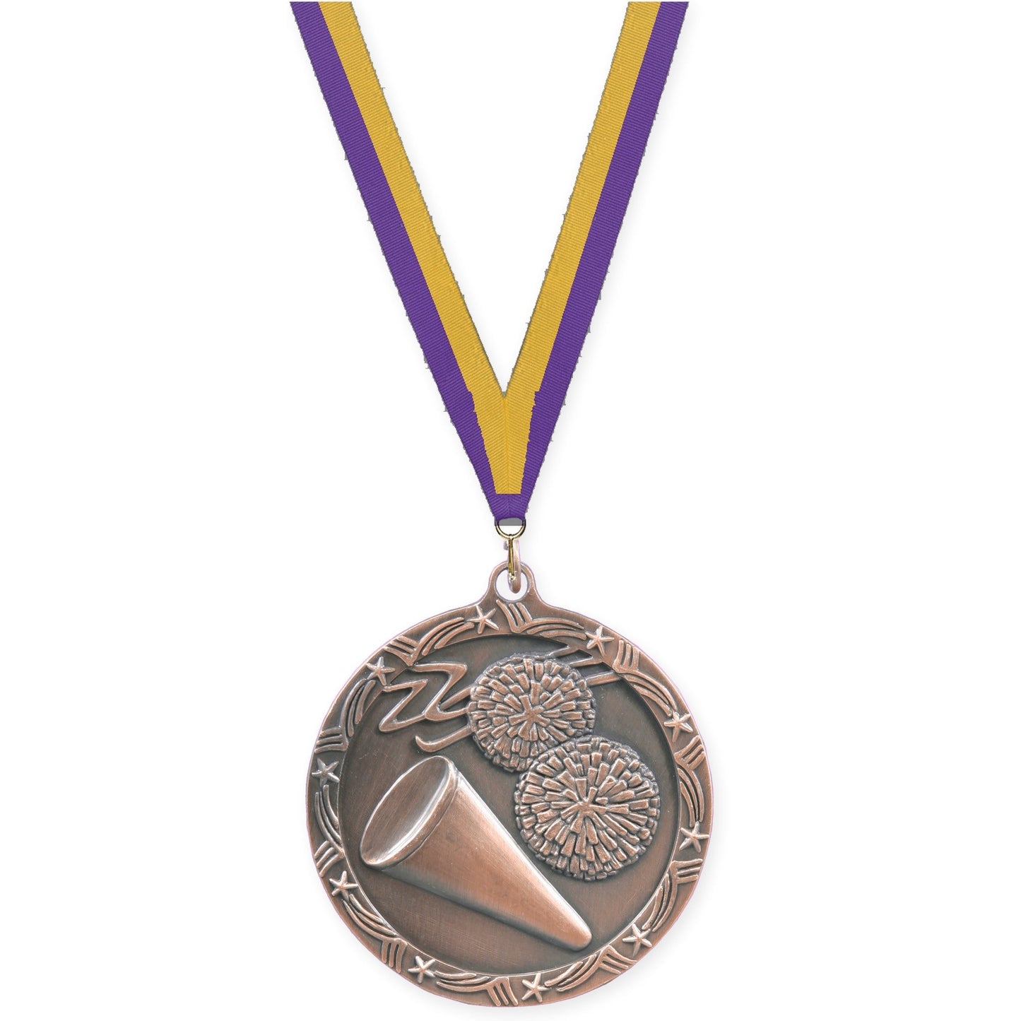 2 1/2 inch cheerleading Shooting Star medal in antique bronze with Purple Gold neck ribbon