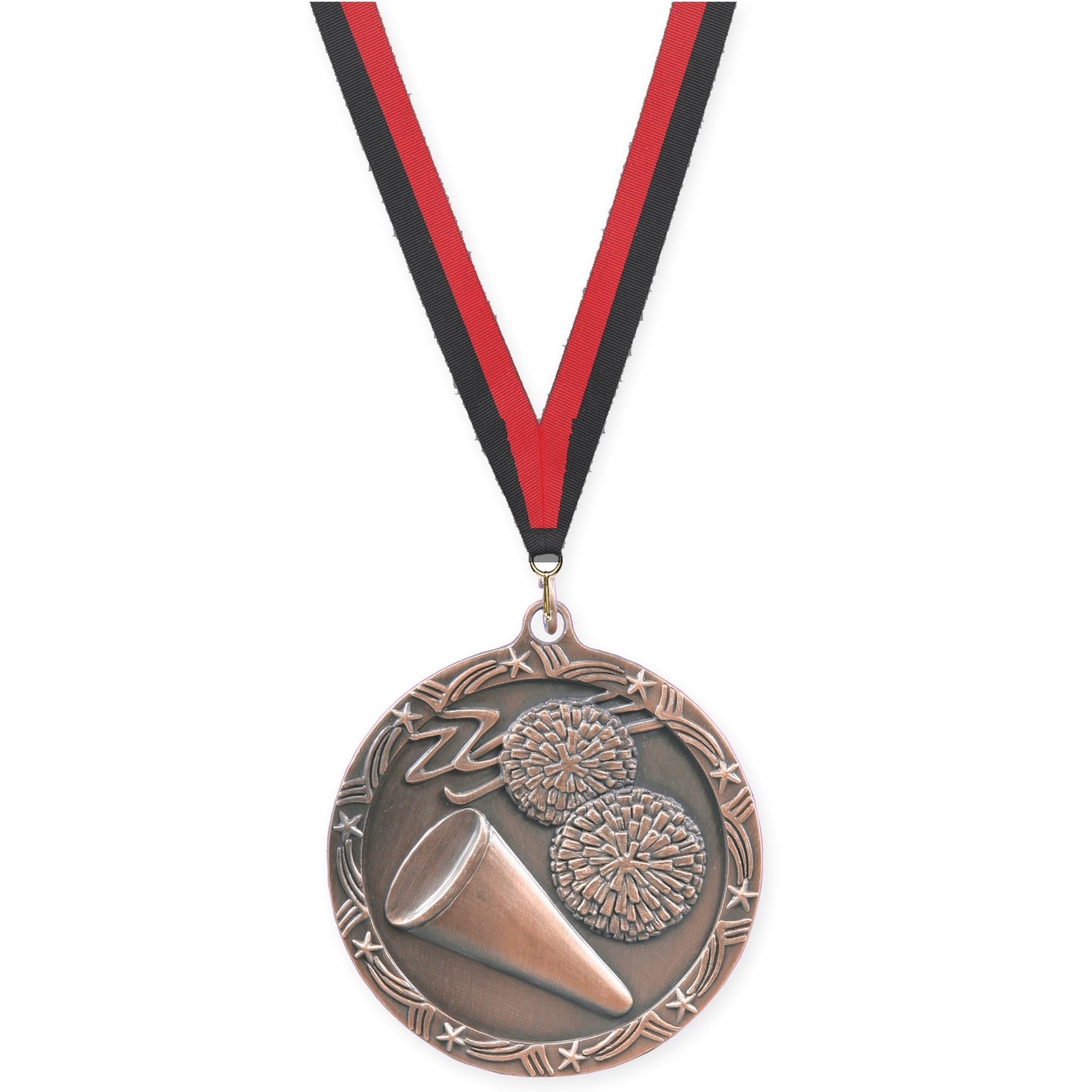 2 1/2 inch cheerleading Shooting Star medal in antique bronze with Black Red neck ribbon