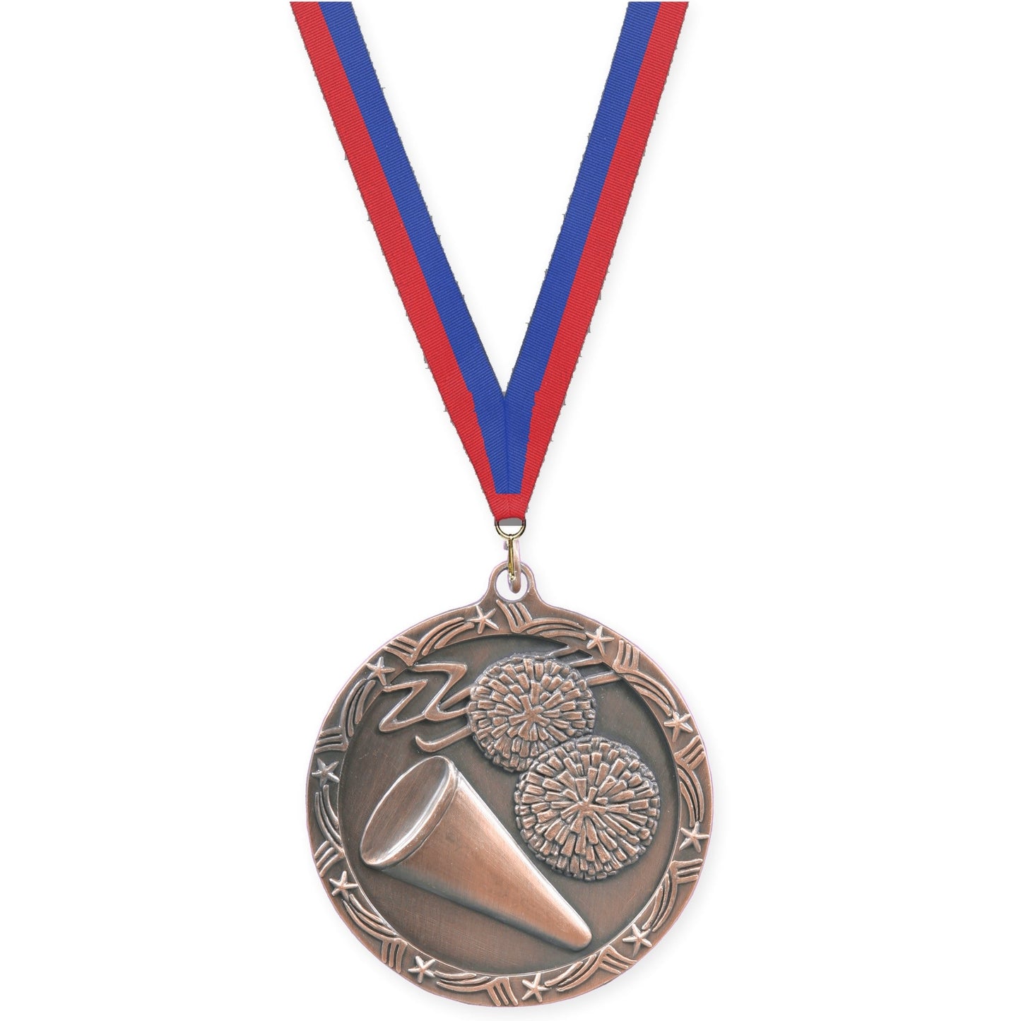 2 1/2 inch cheerleading Shooting Star medal in antique bronze with Blue Red neck ribbon