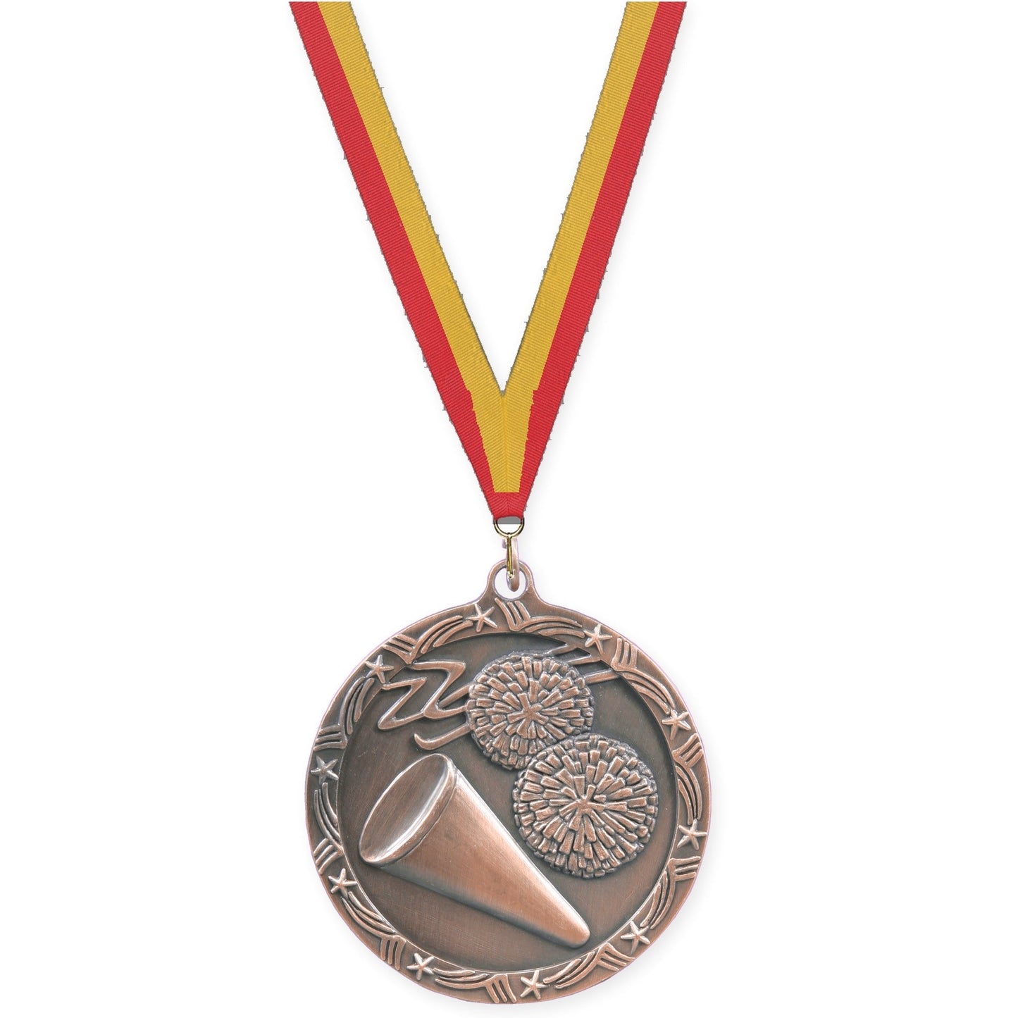 2 1/2 inch cheerleading Shooting Star medal in antique bronze with Red Gold neck ribbon