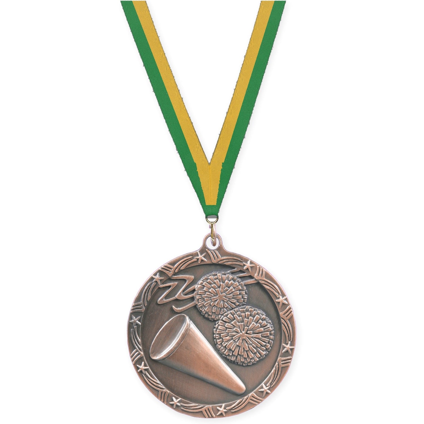 2 1/2 inch cheerleading Shooting Star medal in antique bronze with Green Gold neck ribbon