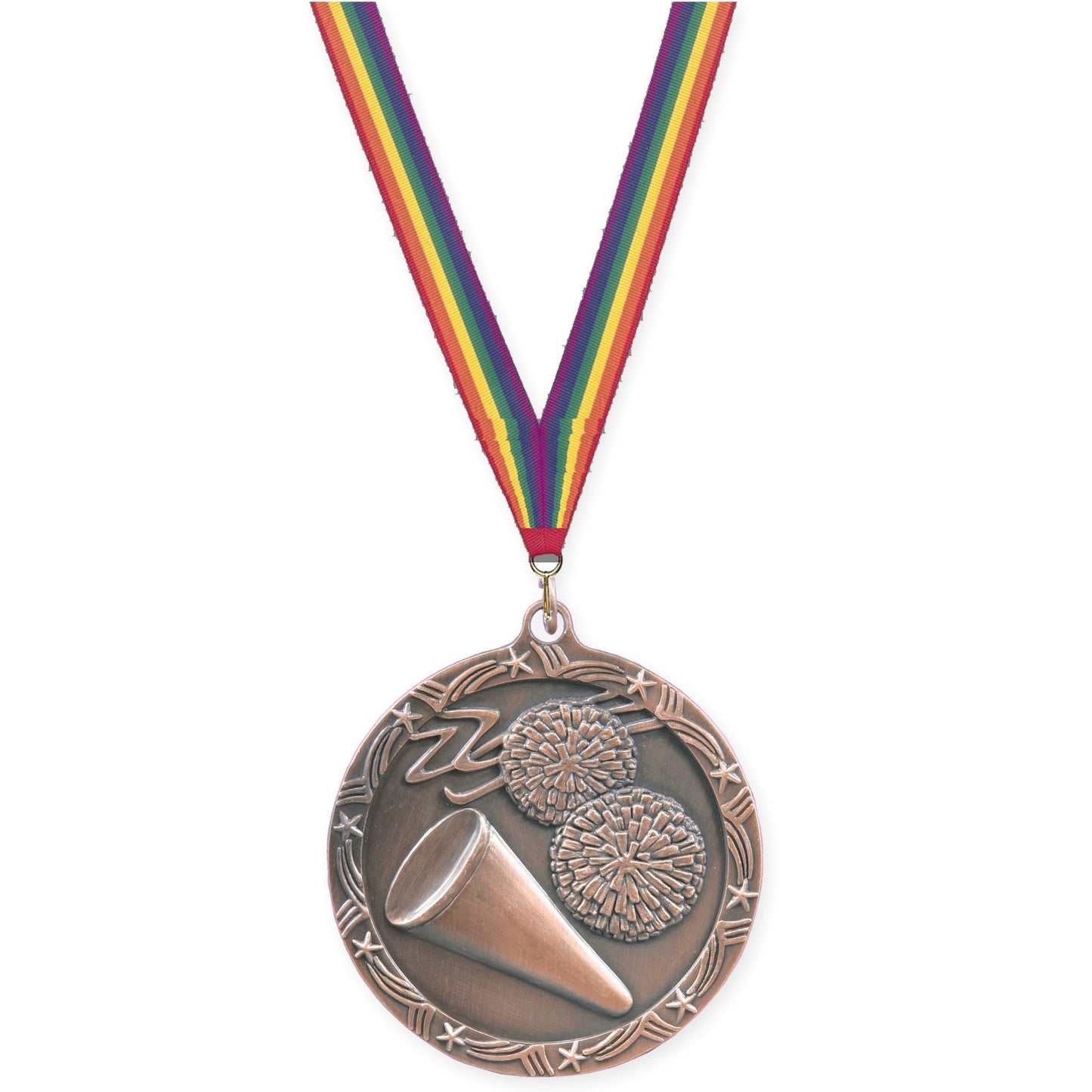 2 1/2 inch cheerleading Shooting Star medal in antique bronze with Rainbow neck ribbon