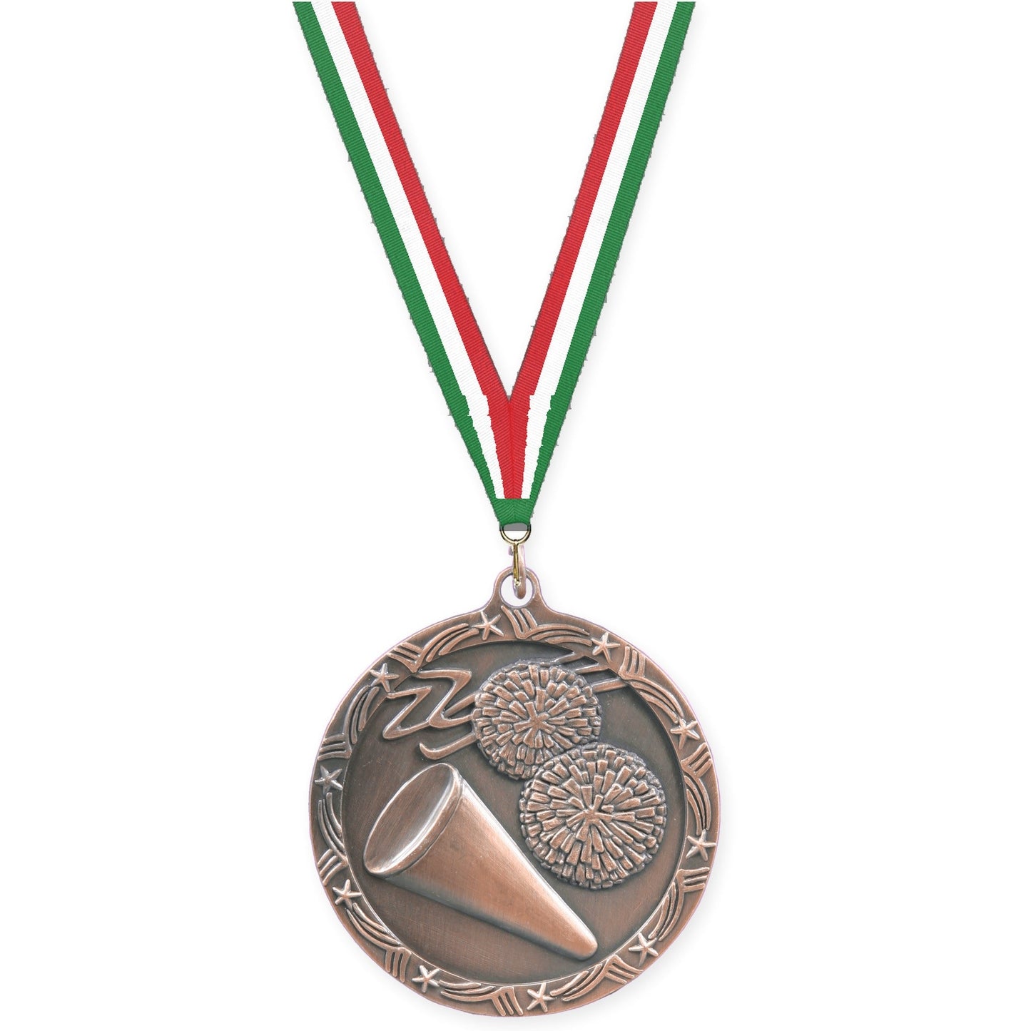2 1/2 inch cheerleading Shooting Star medal in antique bronze with Green White Red neck ribbon
