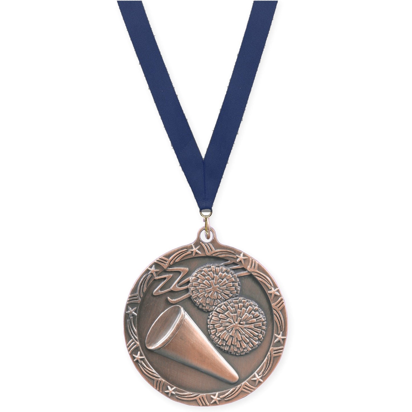 2 1/2 inch cheerleading Shooting Star medal in antique bronze with Navy neck ribbon