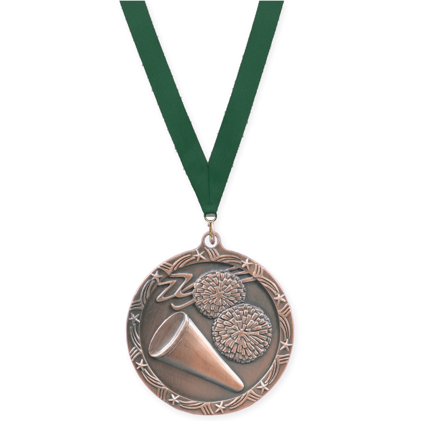 2 1/2 inch cheerleading Shooting Star medal in antique bronze with Hunter Green neck ribbon
