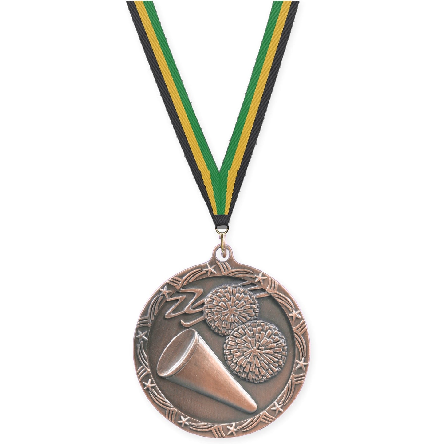 2 1/2 inch cheerleading Shooting Star medal in antique bronze with Black Gold Green neck ribbon