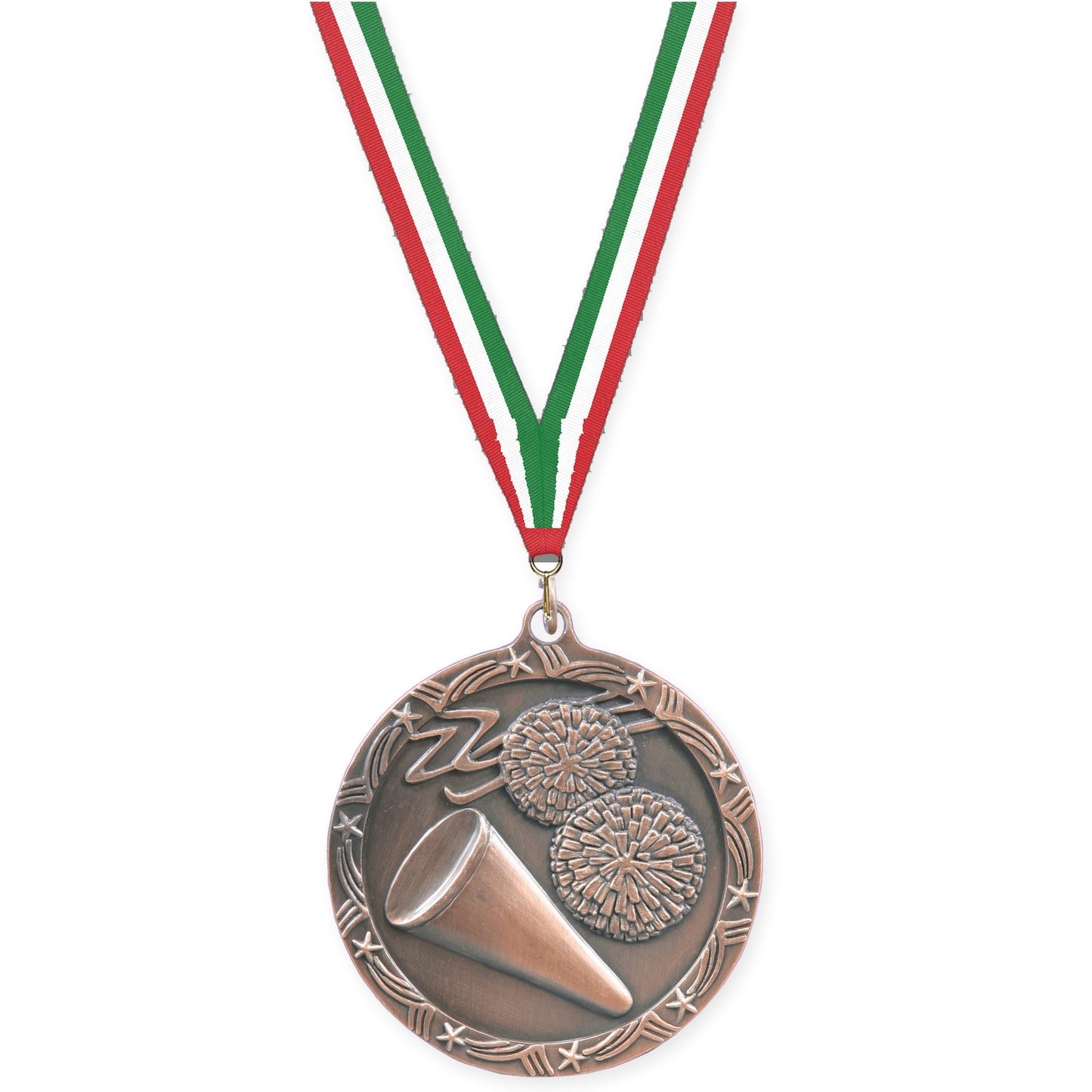 2 1/2 inch cheerleading Shooting Star medal in antique bronze with Red White Green neck ribbon