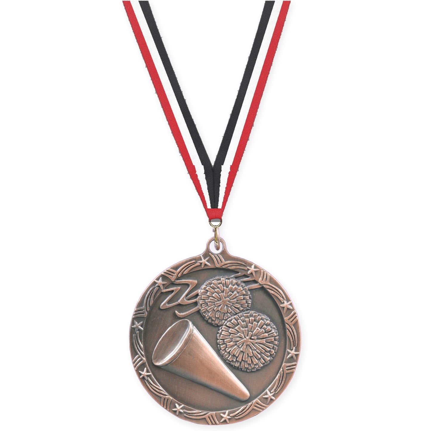 2 1/2 inch cheerleading Shooting Star medal in antique bronze with Red White Black neck ribbon