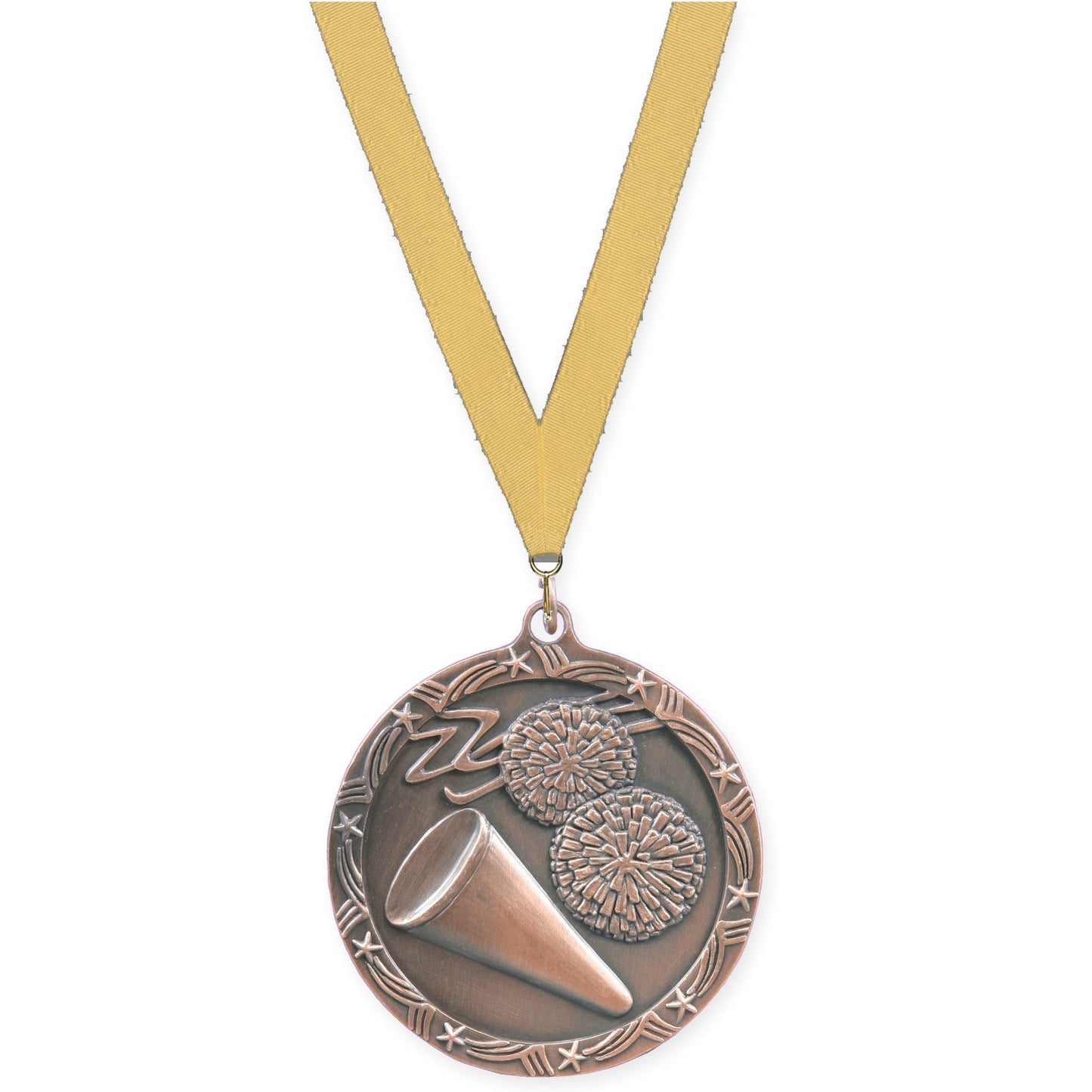 2 1/2 inch cheerleading Shooting Star medal in antique bronze with Gold Metallic neck ribbon