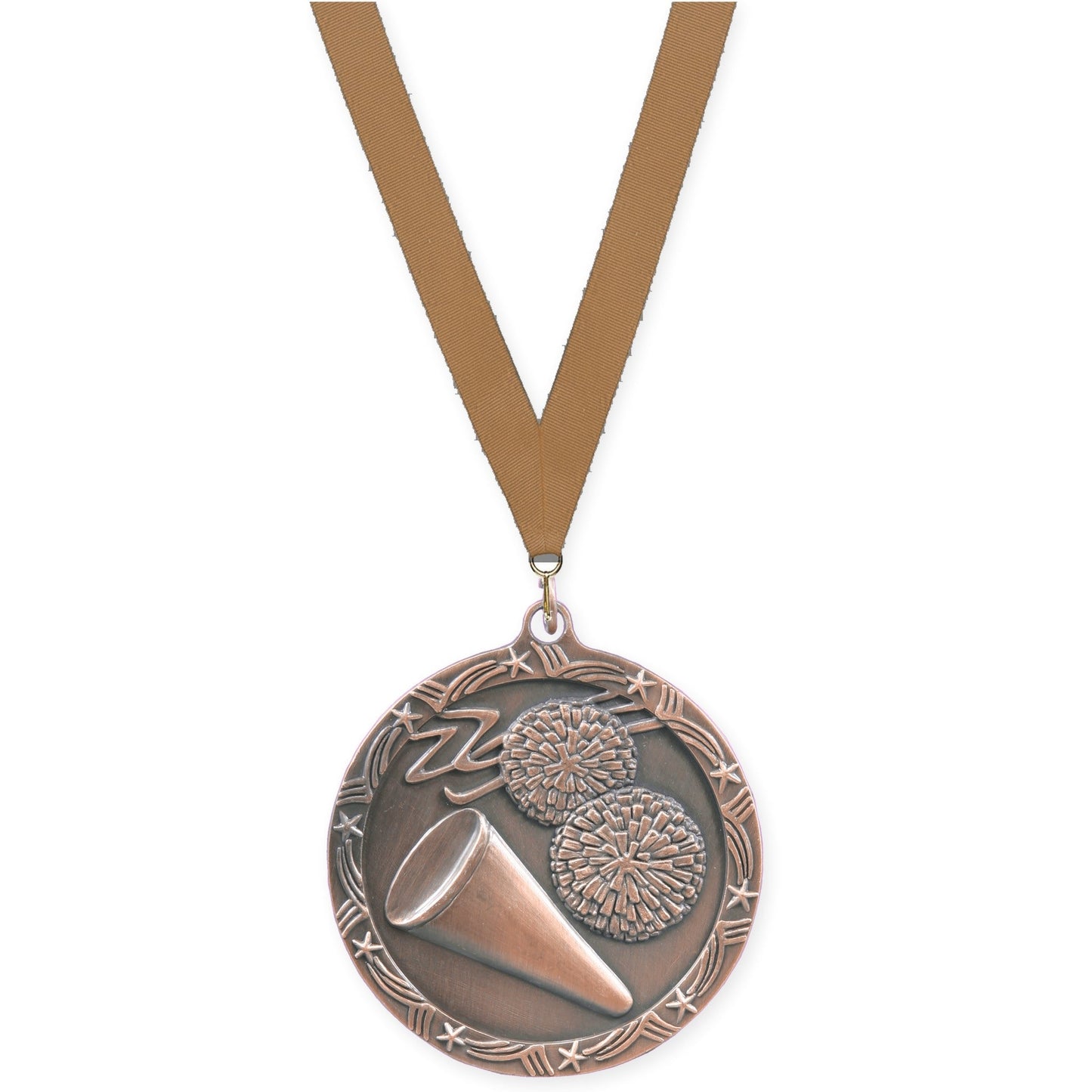 2 1/2 inch cheerleading Shooting Star medal in antique bronze with Bronze Metallic neck ribbon