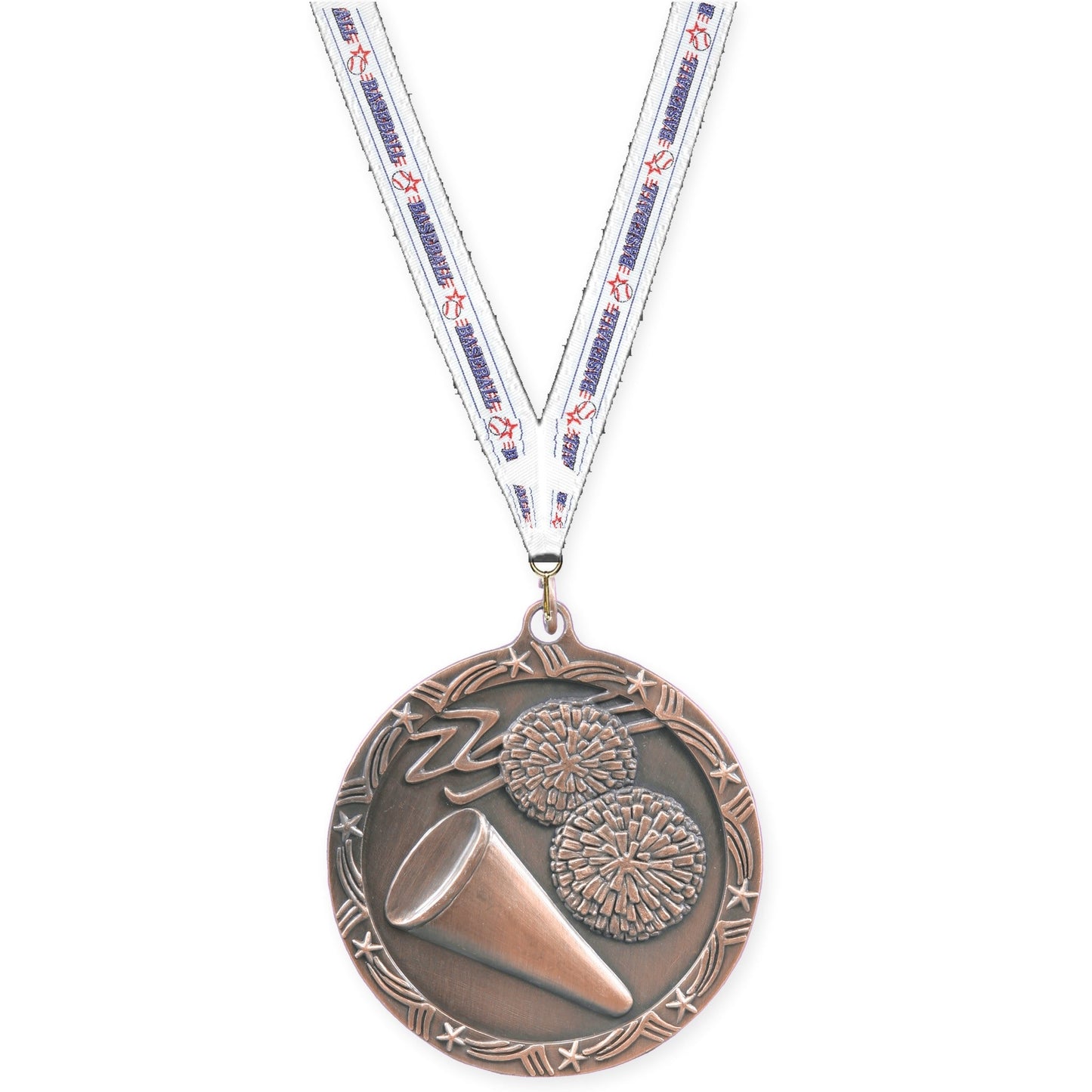 2 1/2 inch cheerleading Shooting Star medal in antique bronze with Baseball neck ribbon