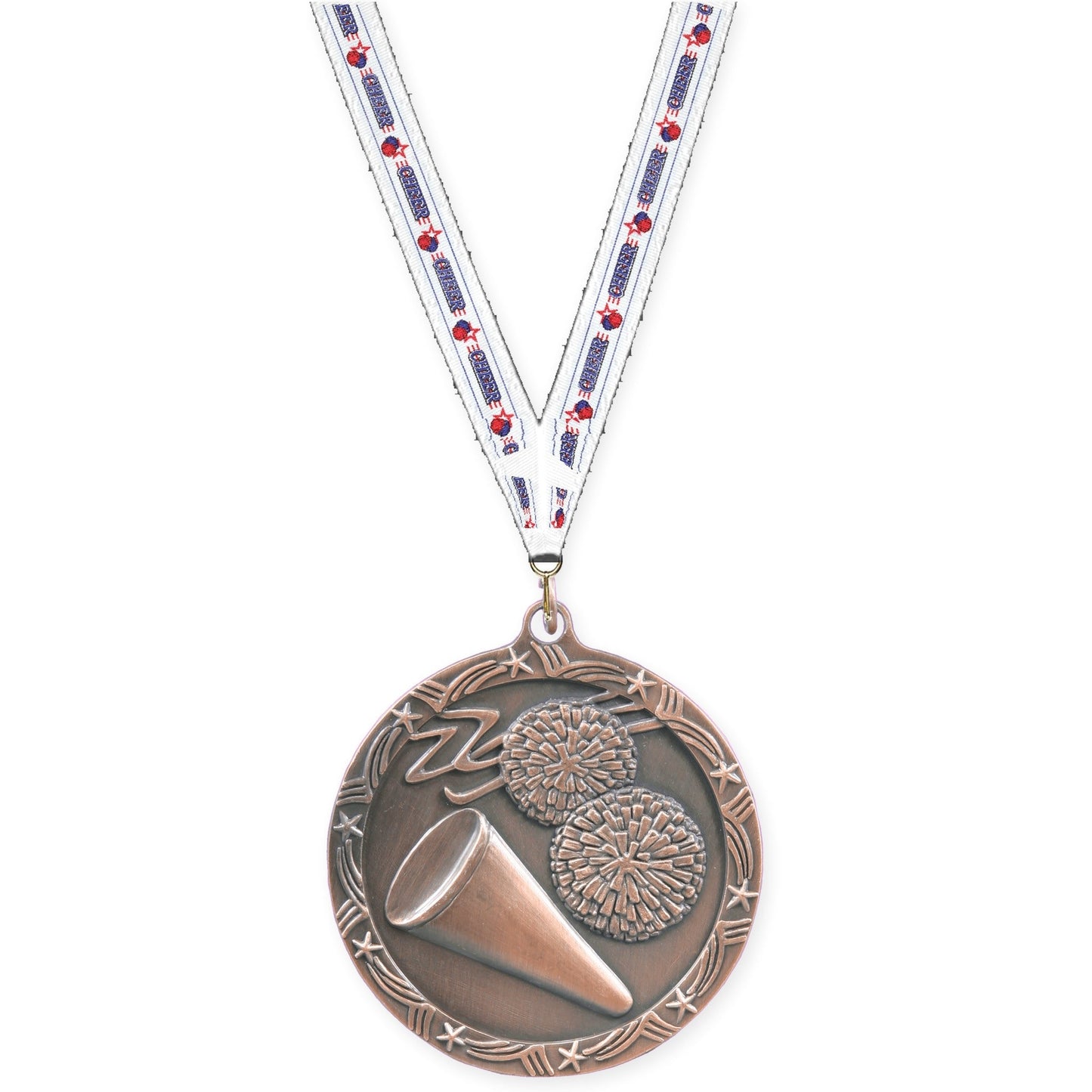 2 1/2 inch cheerleading Shooting Star medal in antique bronze with Cheerleading neck ribbon