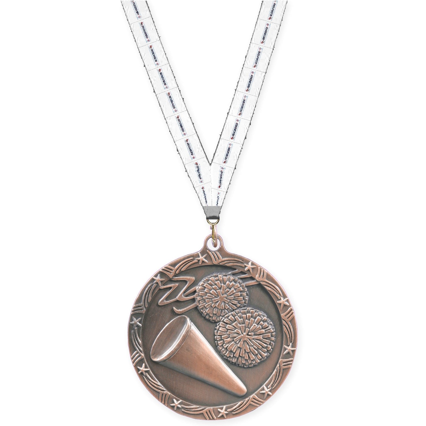 2 1/2 inch cheerleading Shooting Star medal in antique bronze with Gymnastics neck ribbon