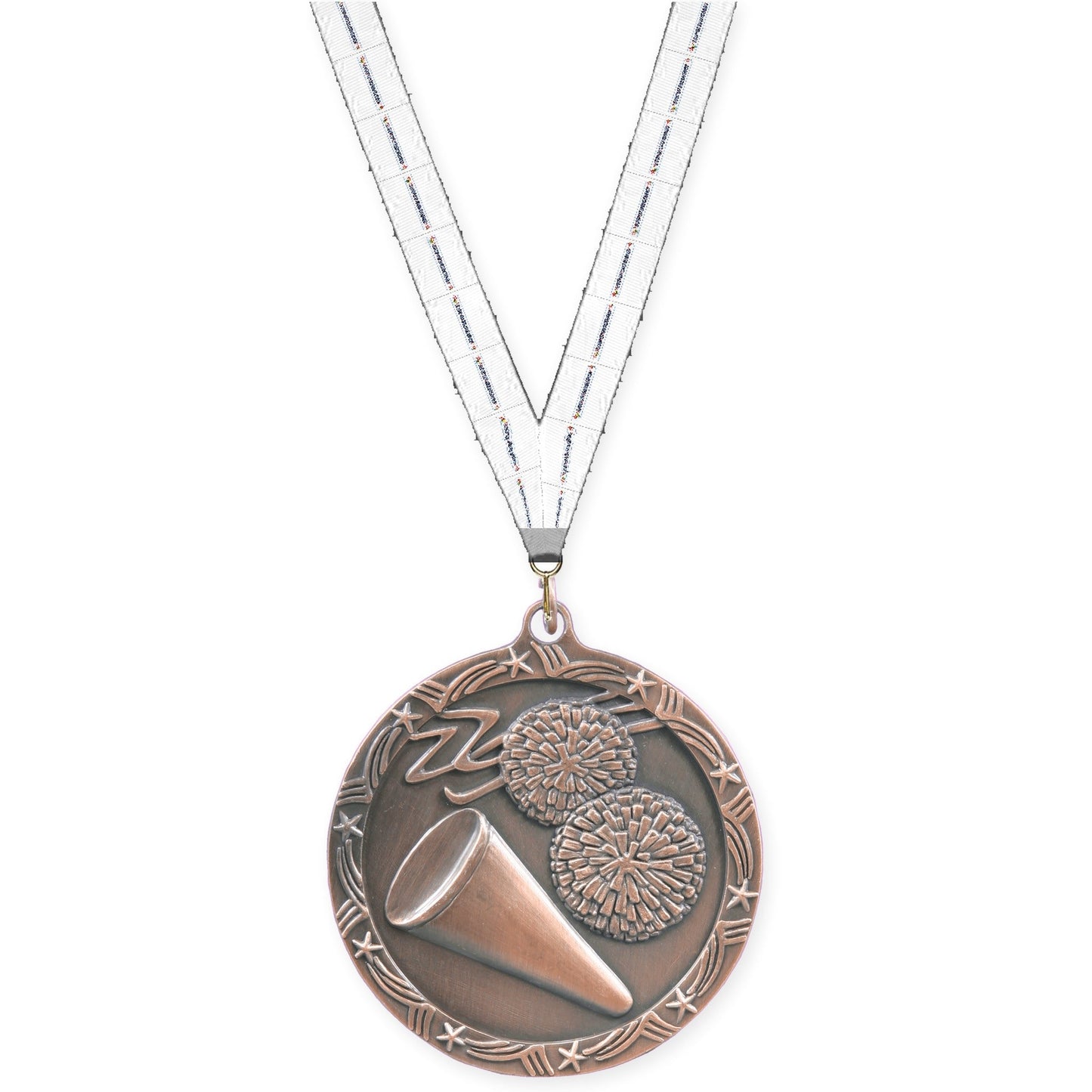 2 1/2 inch cheerleading Shooting Star medal in antique bronze with Lamp Of Knowledge neck ribbon