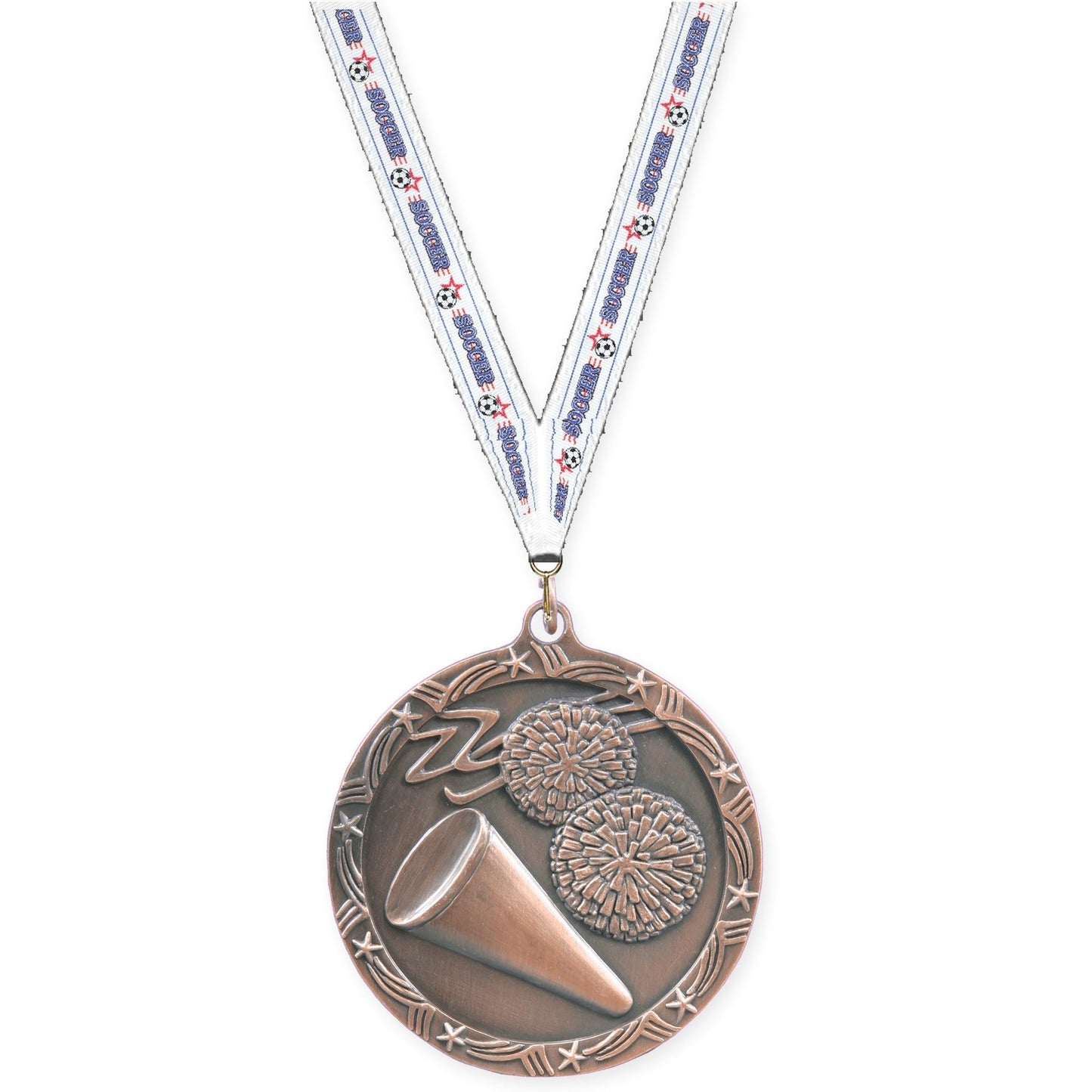 2 1/2 inch cheerleading Shooting Star medal in antique bronze with Soccer neck ribbon