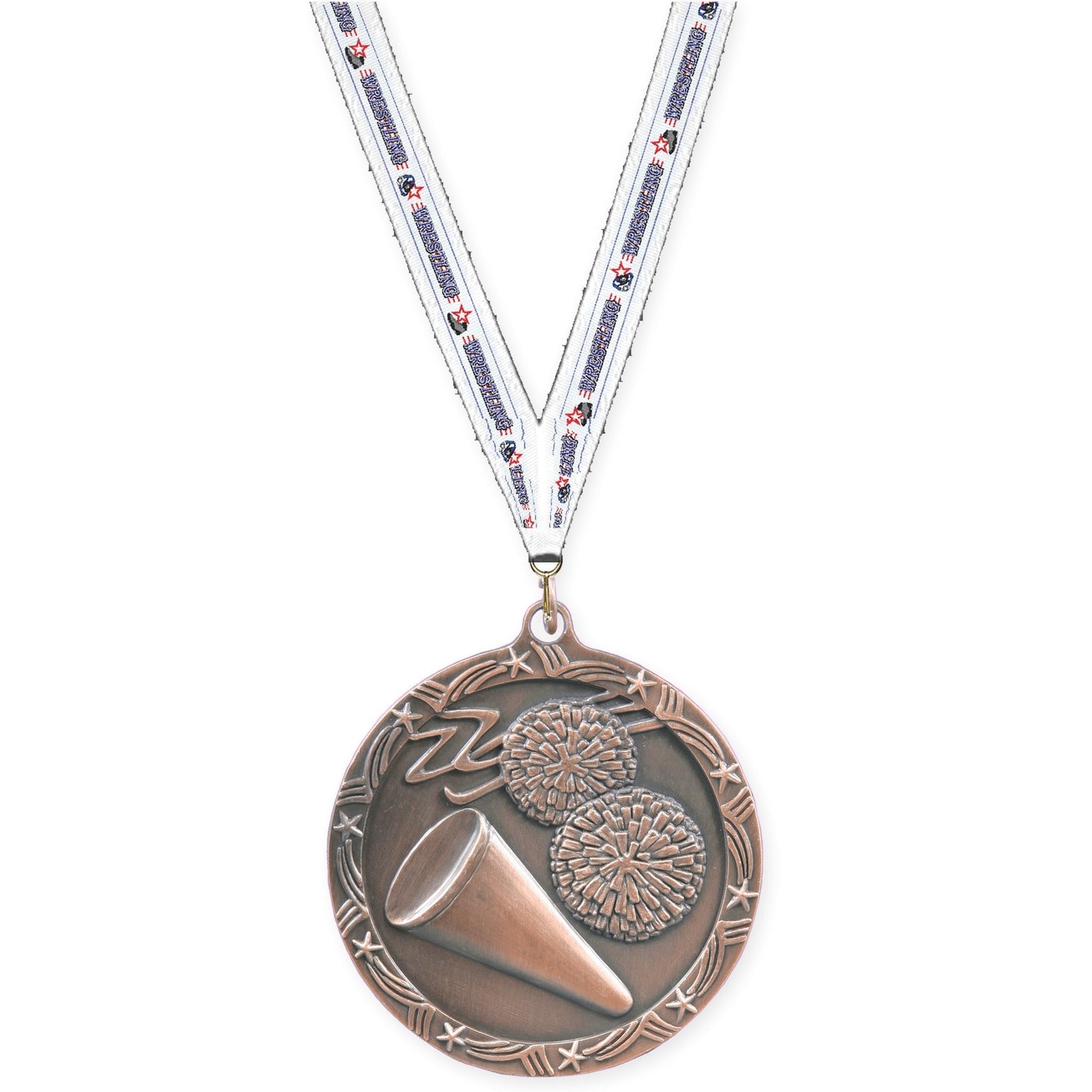 2 1/2 inch cheerleading Shooting Star medal in antique bronze with Wrestling neck ribbon