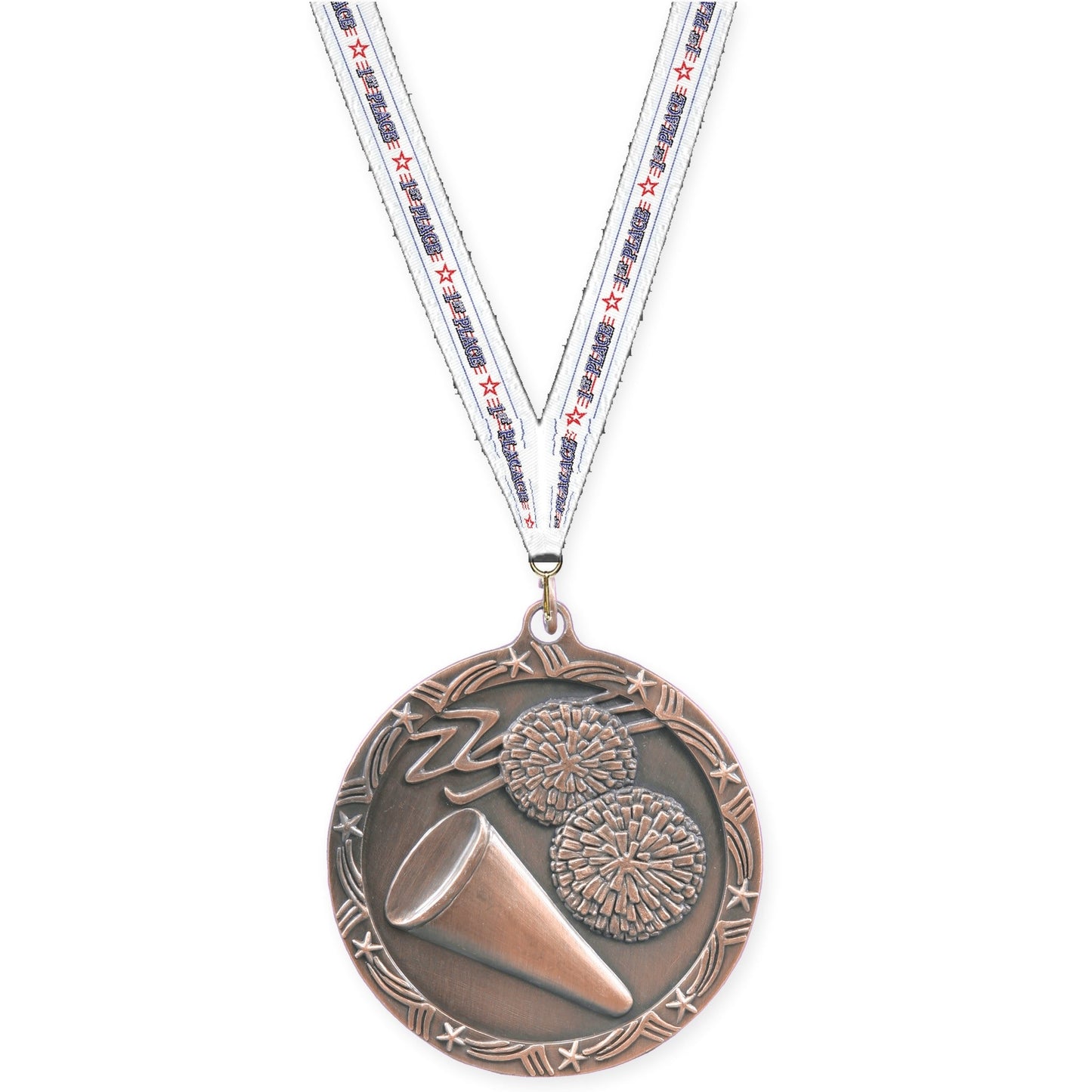 2 1/2 inch cheerleading Shooting Star medal in antique bronze with 1st Place neck ribbon