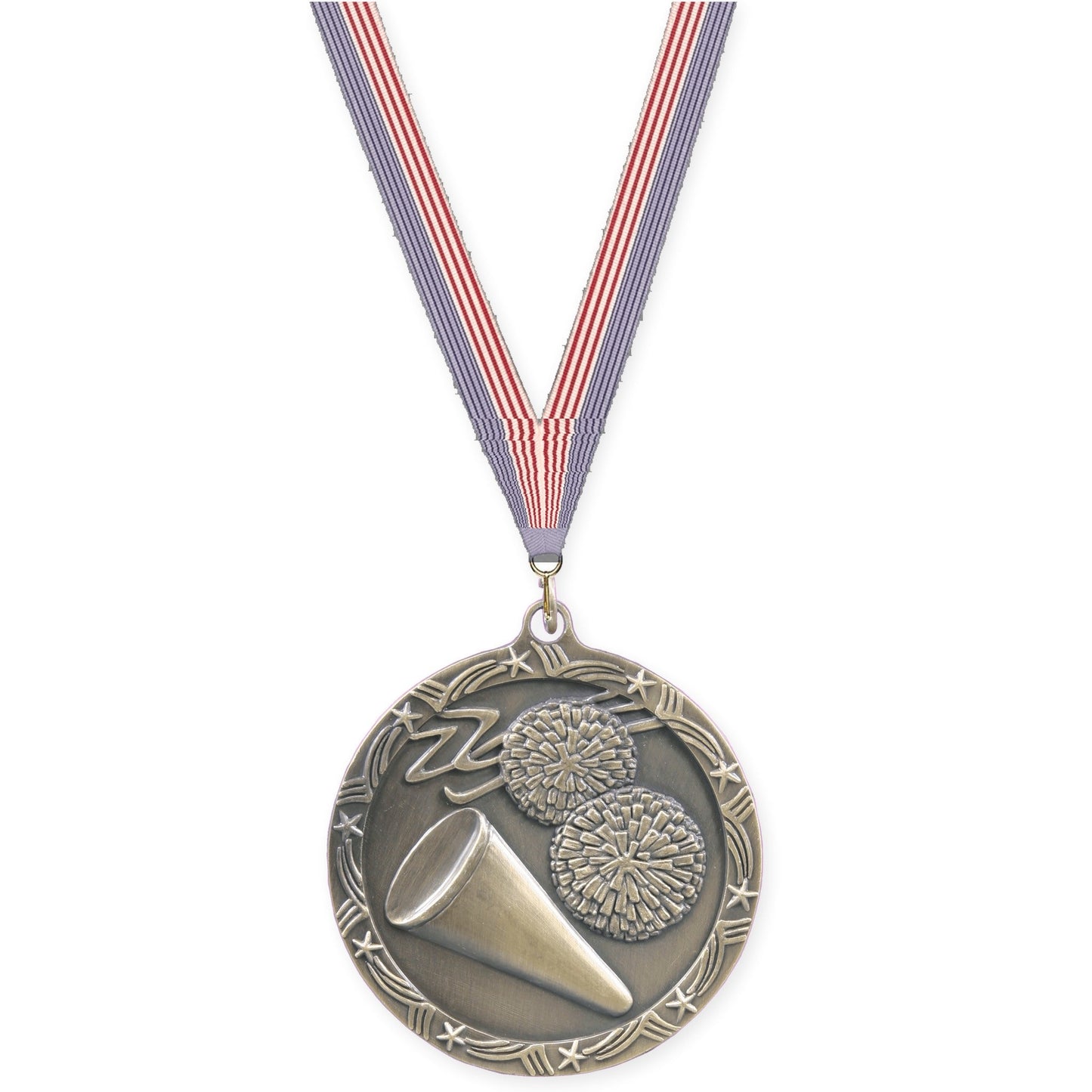 2 1/2 inch cheerleading Shooting Star medal in antique gold with USA Flag neck ribbon